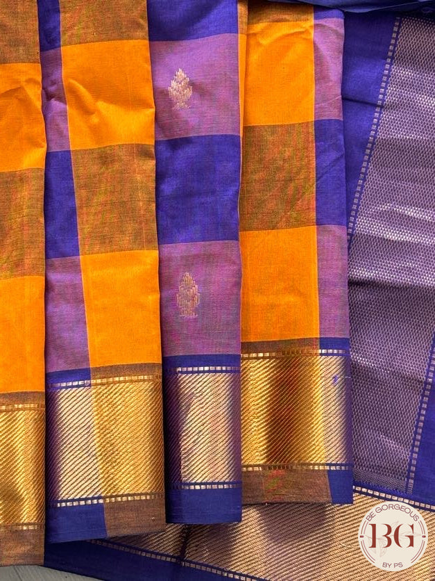 Kanjeevaram silk cotton handloom saree in checker pattern - Navy Blue