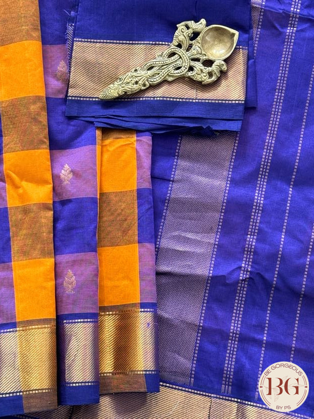 Kanjeevaram silk cotton handloom saree in checker pattern - Navy Blue