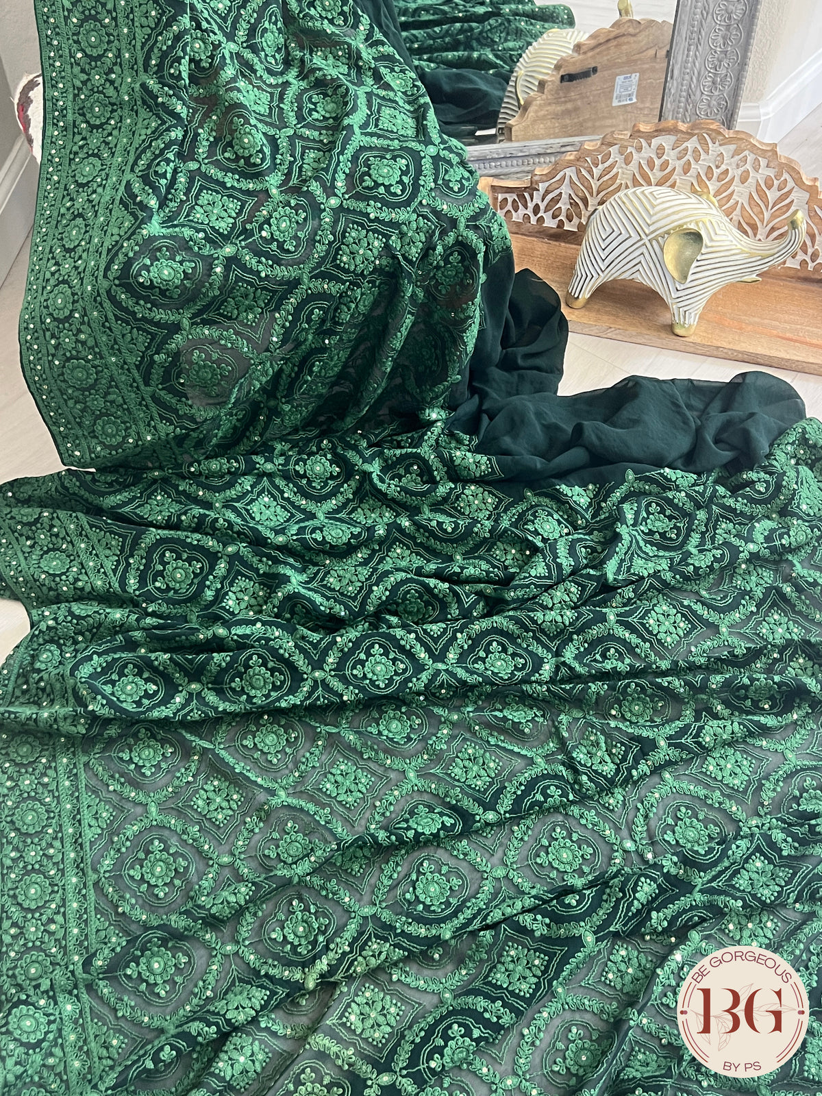 Chikankari on gerogette with sequin - Bottle Green