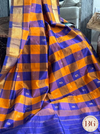 Kanjeevaram silk cotton handloom saree in checker pattern - Navy Blue