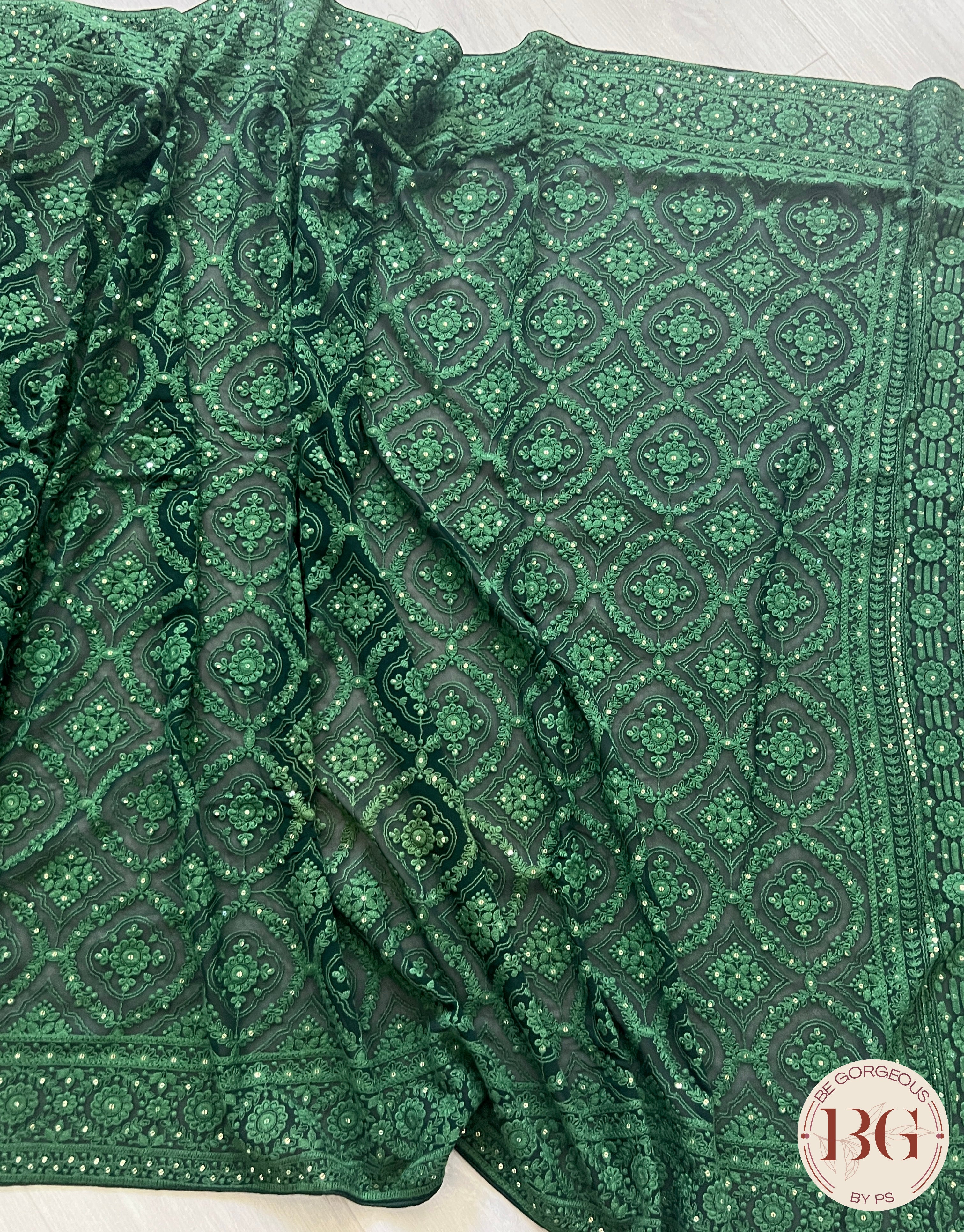 Chikankari on gerogette with sequin - Bottle Green