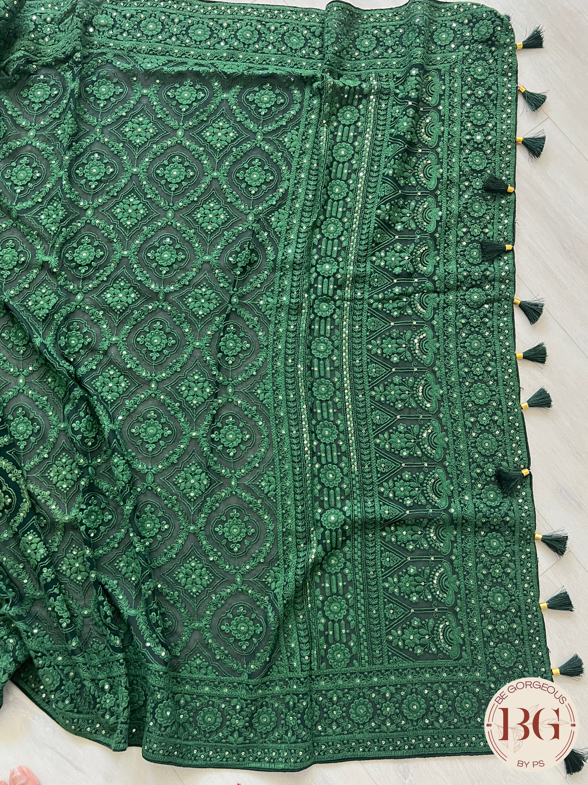 Chikankari on gerogette with sequin - Bottle Green