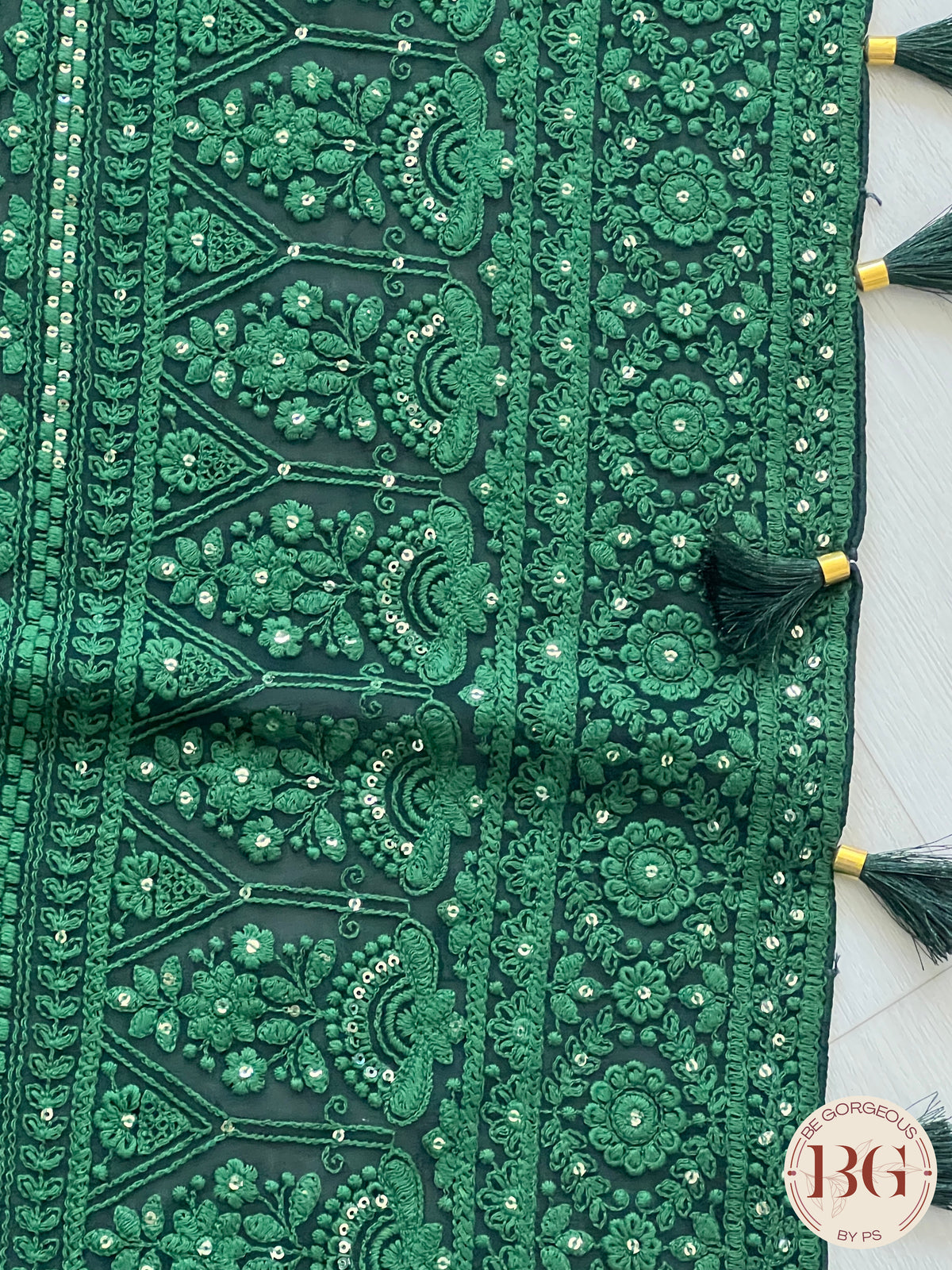 Chikankari on gerogette with sequin - Bottle Green