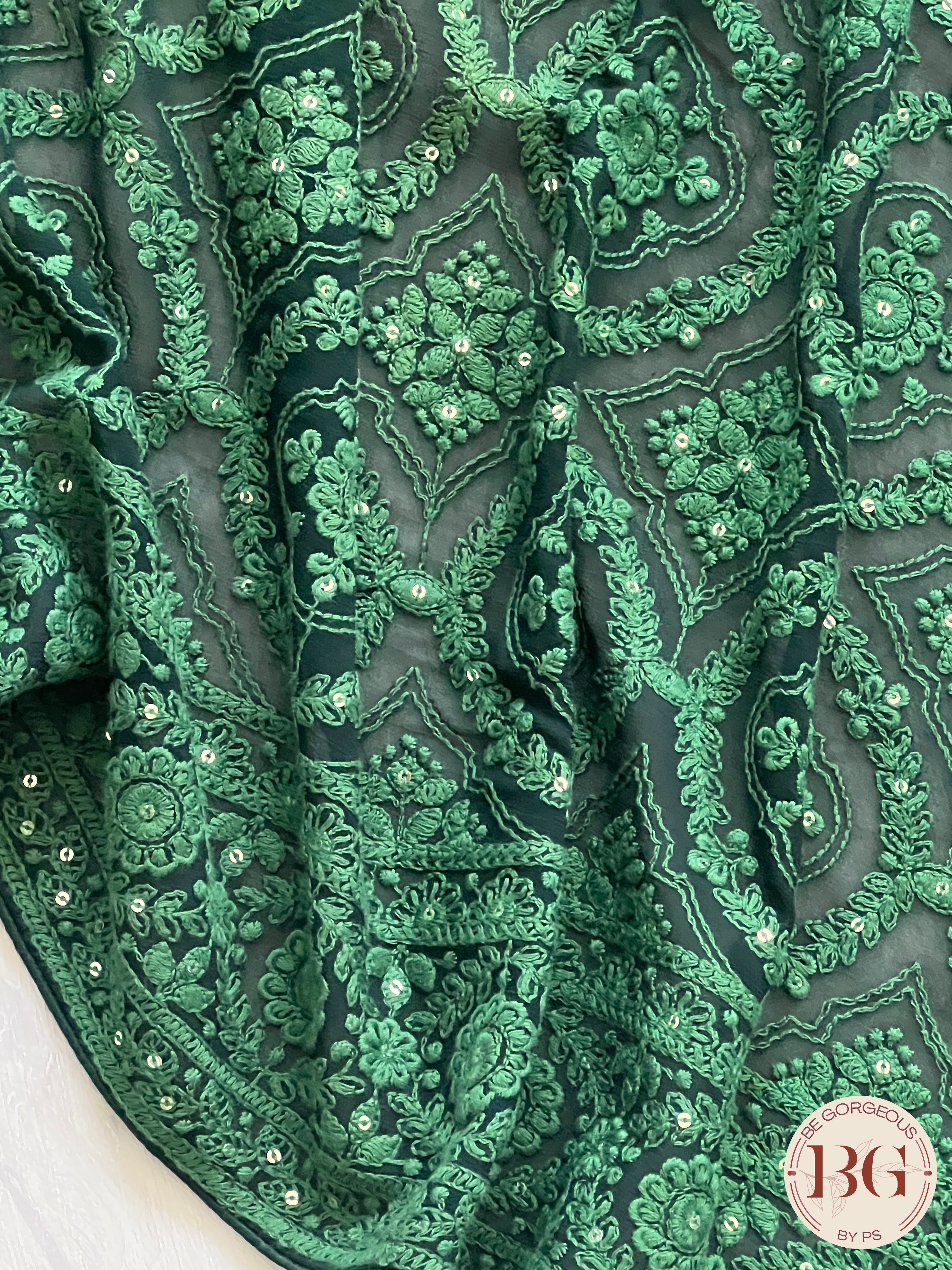 Chikankari on gerogette with sequin - Bottle Green