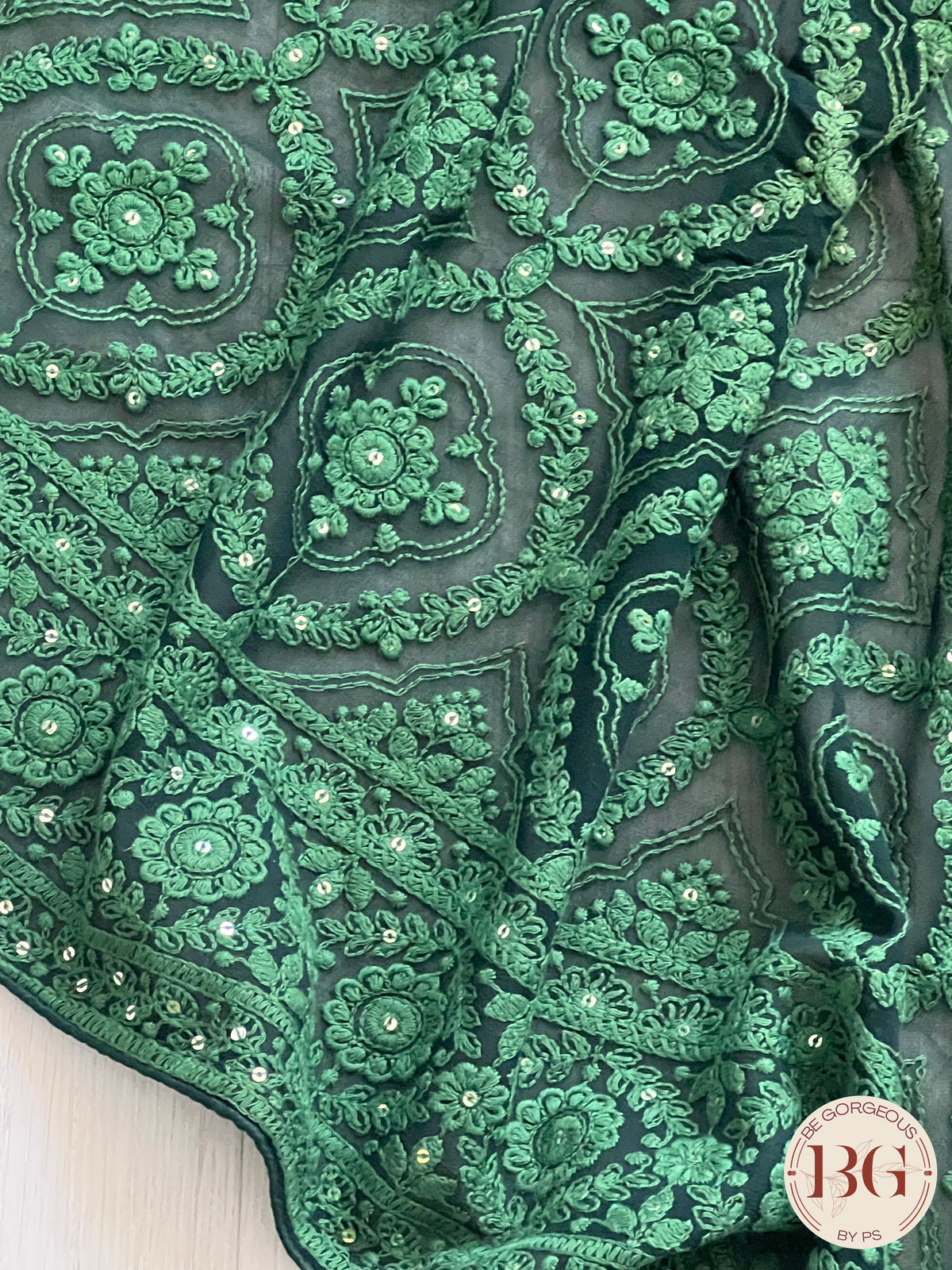 Chikankari on gerogette with sequin - Bottle Green