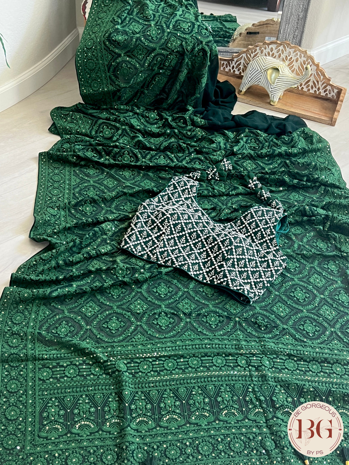 Chikankari on gerogette with sequin - Bottle Green