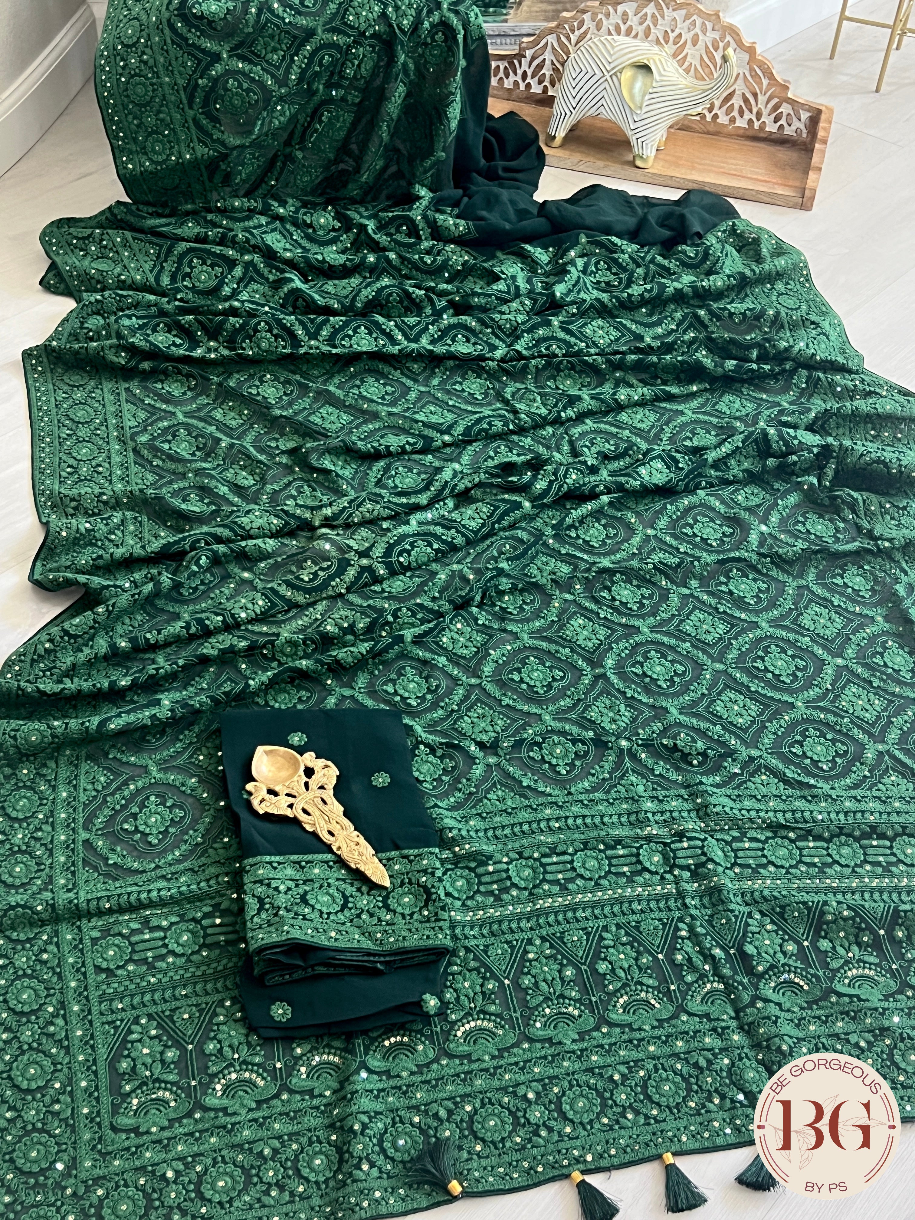 Chikankari on gerogette with sequin - Bottle Green