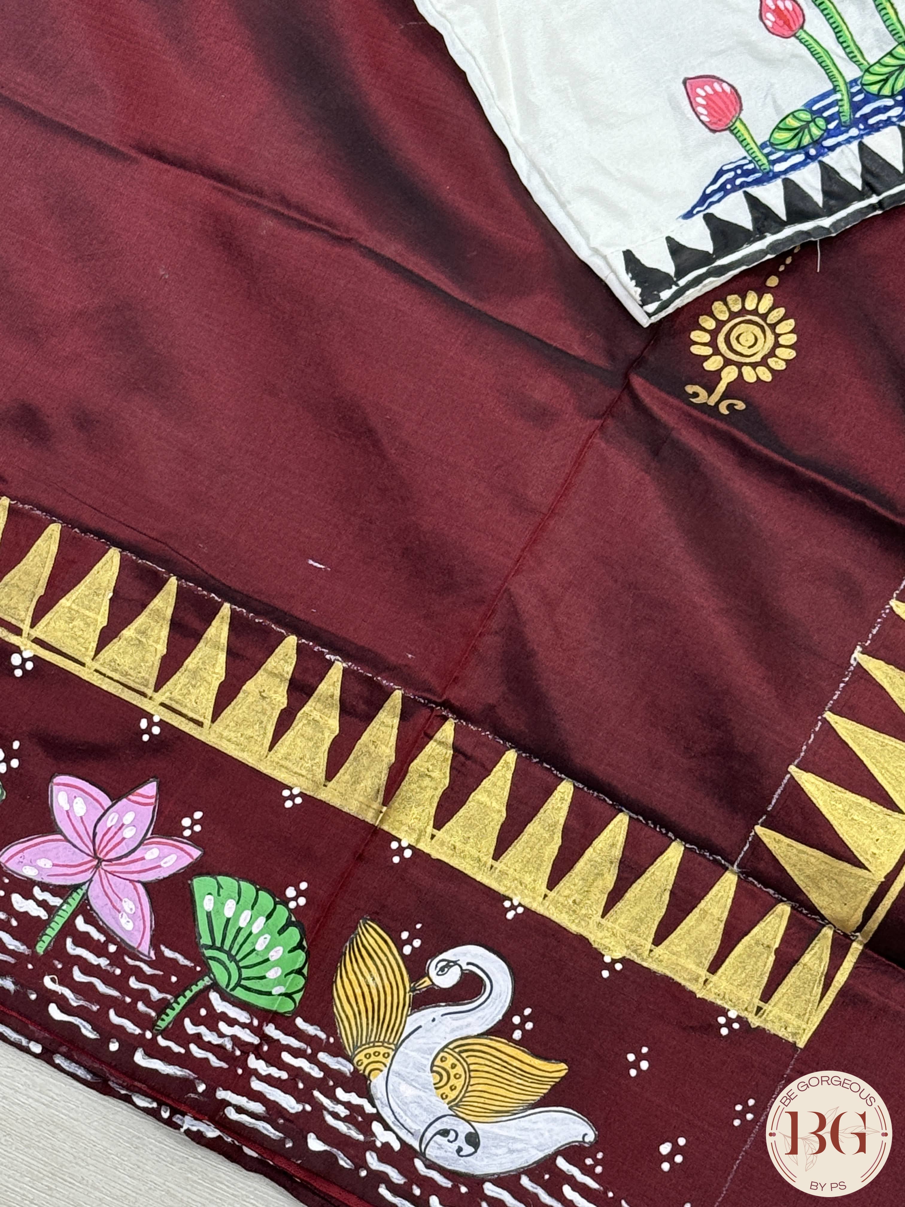 Pattachitra hand painted pure silk saree with swans design - Maroon