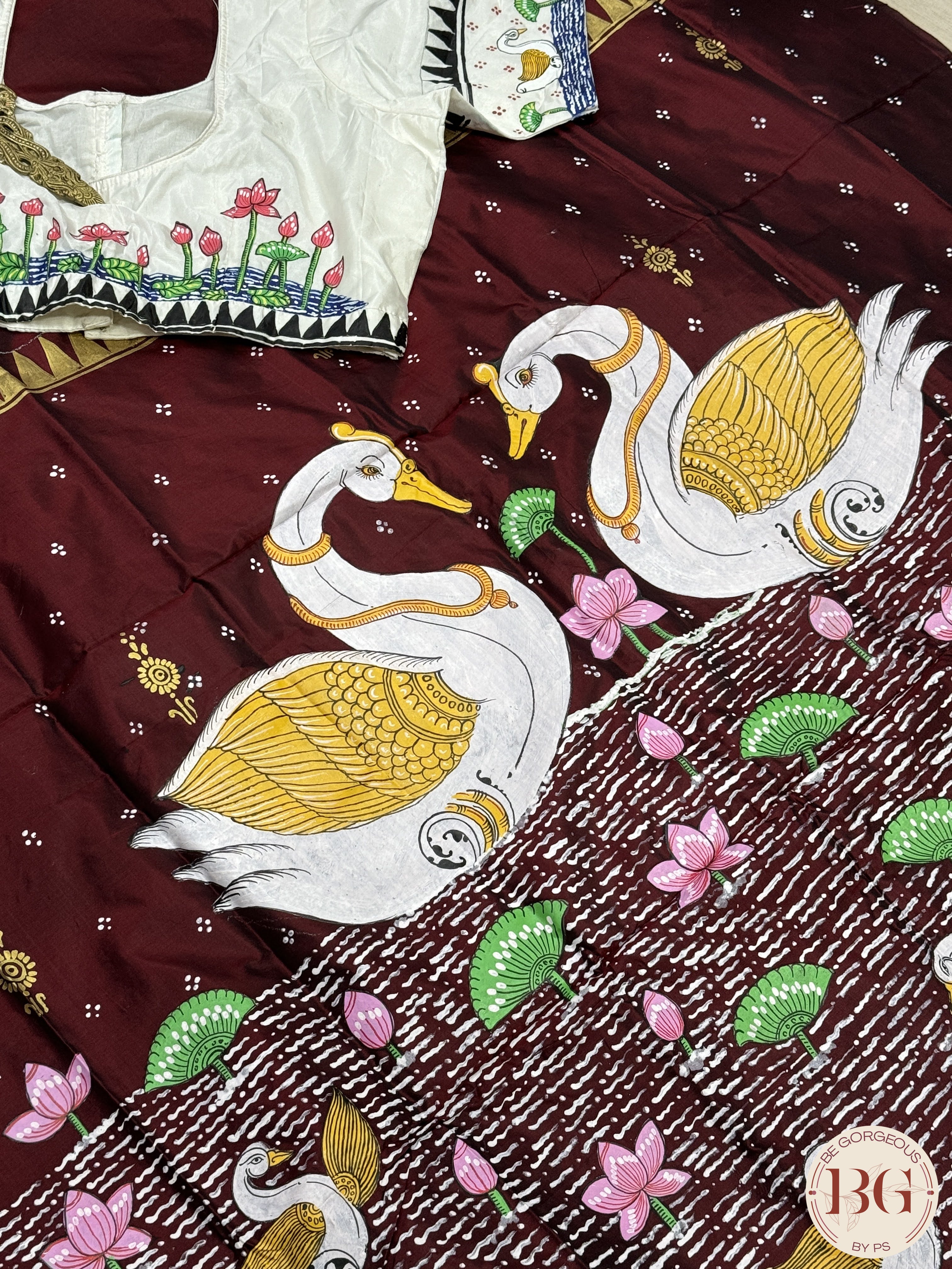 Pattachitra hand painted pure silk saree with swans design - Maroon