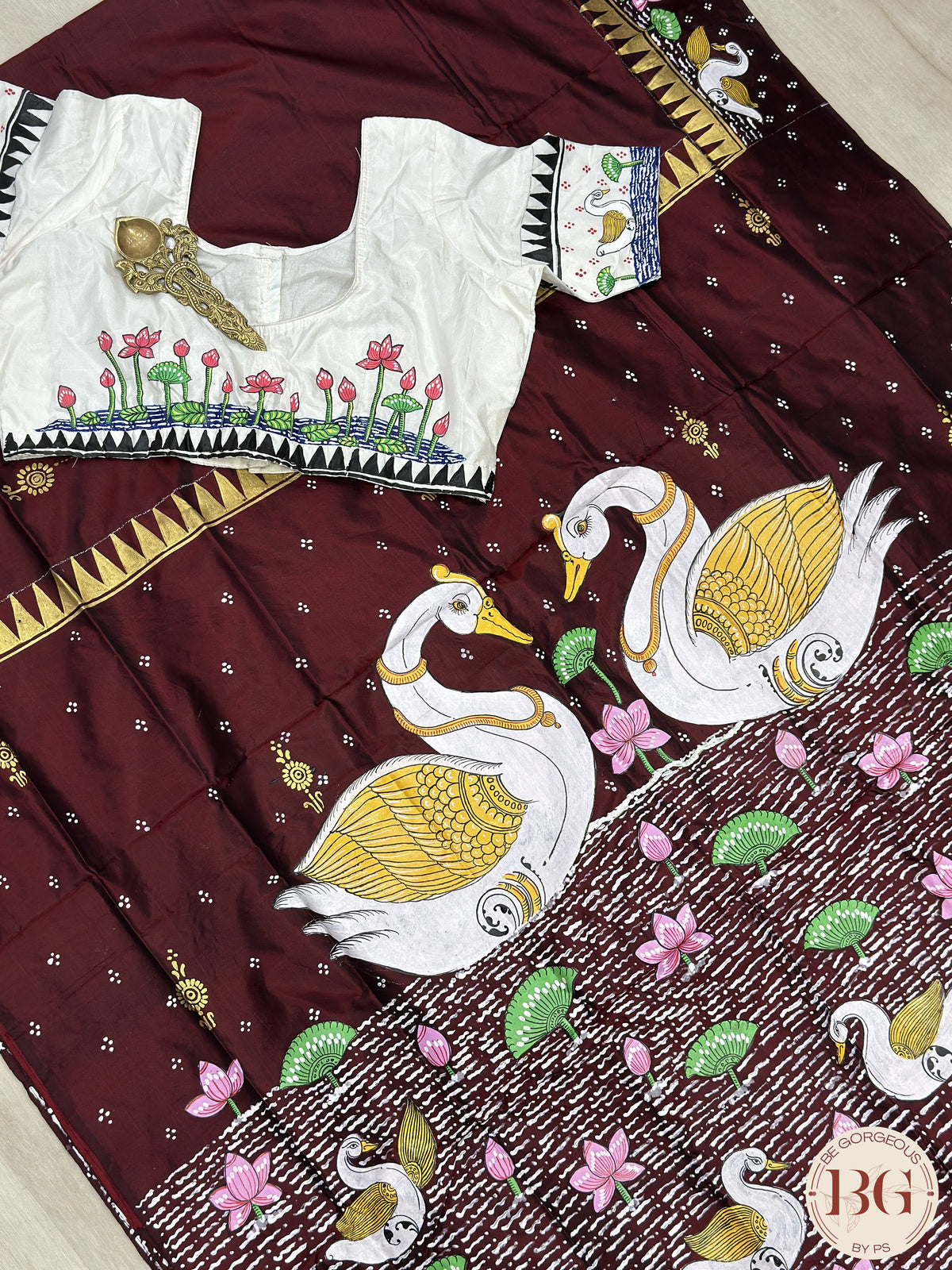 Pattachitra hand painted pure silk saree with swans design - Maroon