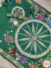 Pattachitra Pure silk handpainted saree - Bottle Green