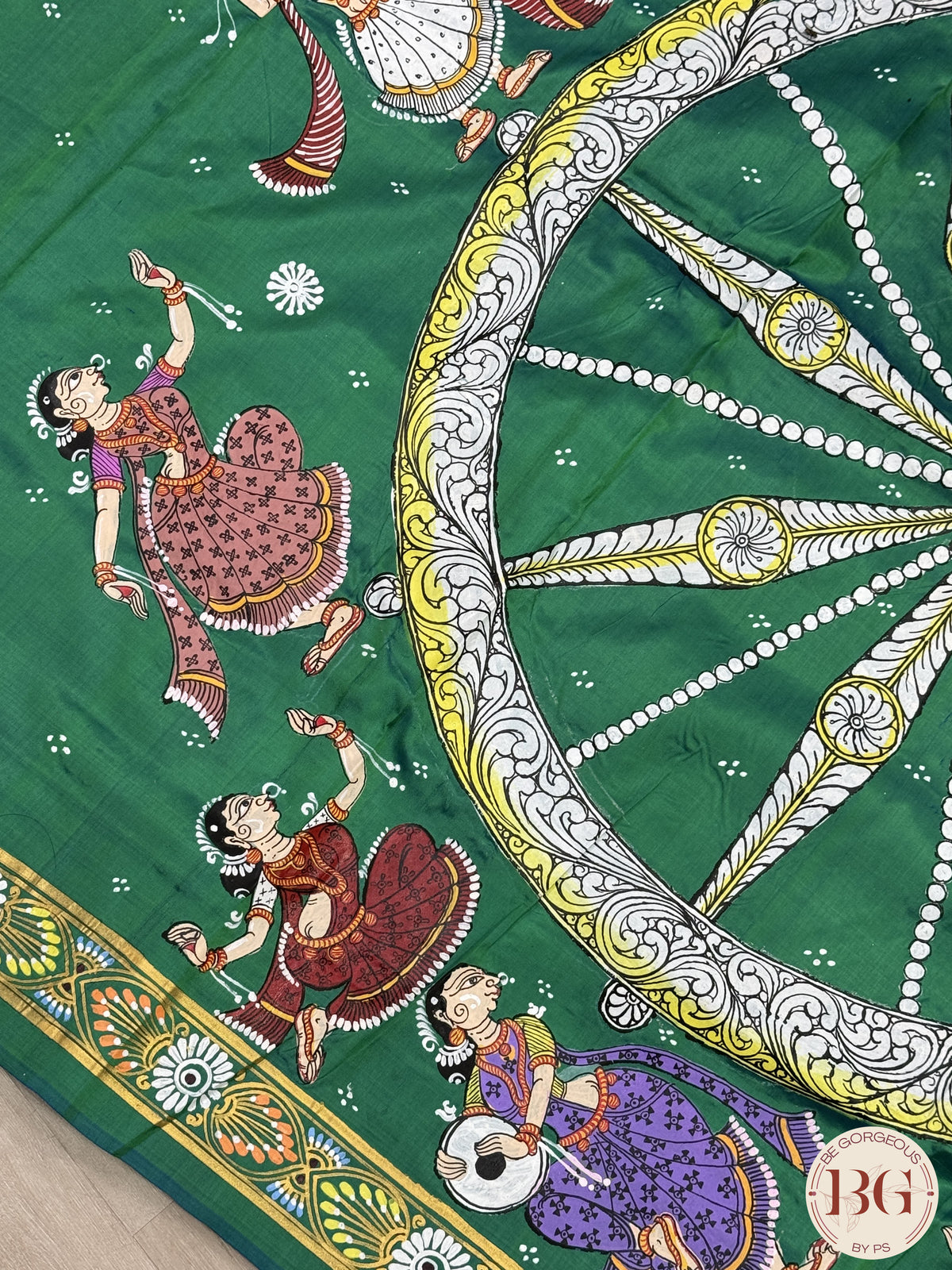 Pattachitra Pure silk handpainted saree - Bottle Green