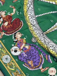 Pattachitra Pure silk handpainted saree - Bottle Green