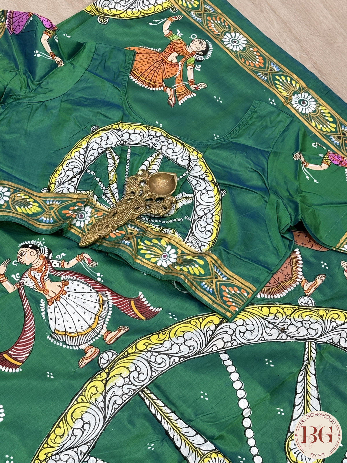 Pattachitra Pure silk handpainted saree - Bottle Green