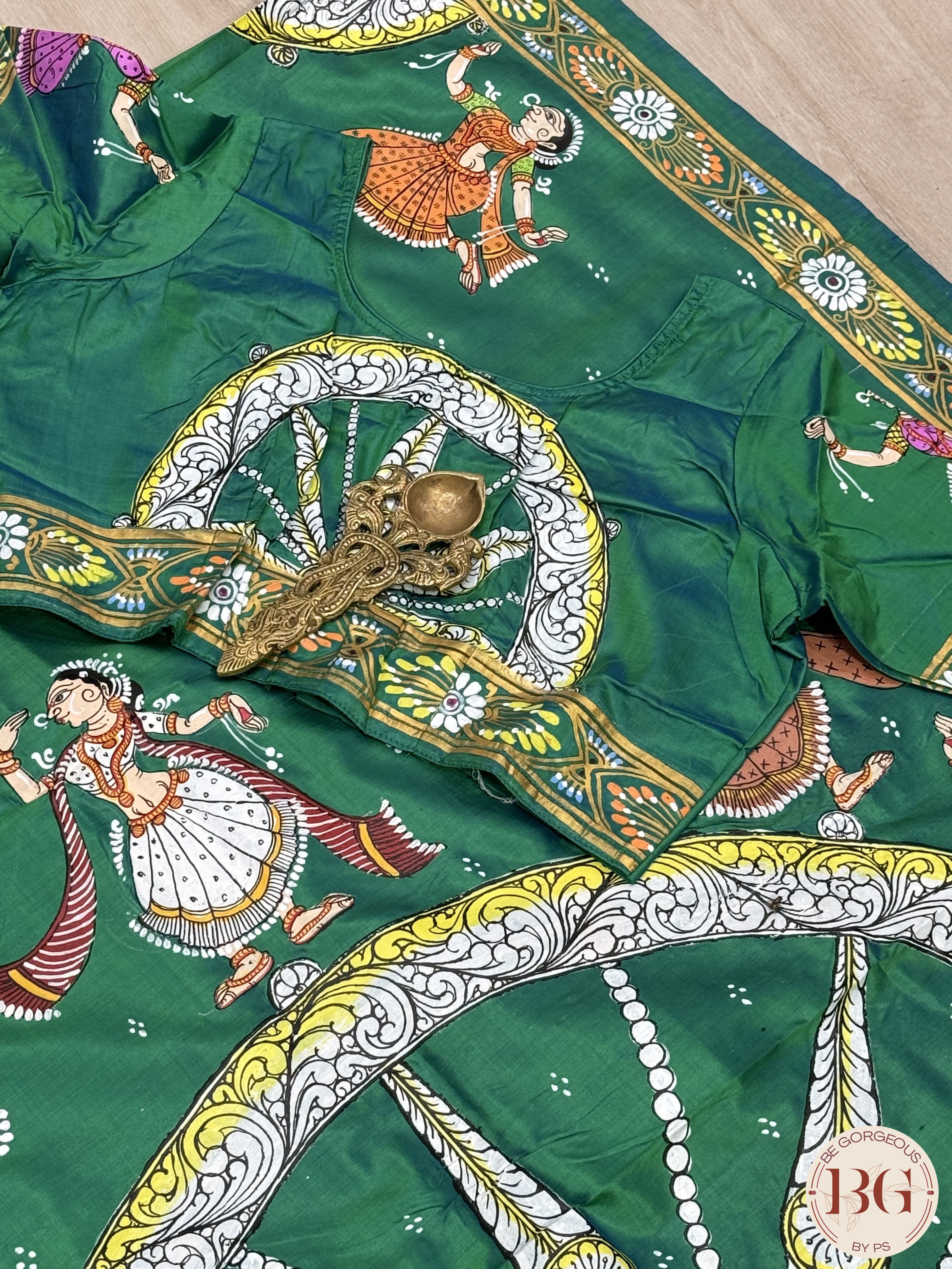 Pattachitra Pure silk handpainted saree - Bottle Green