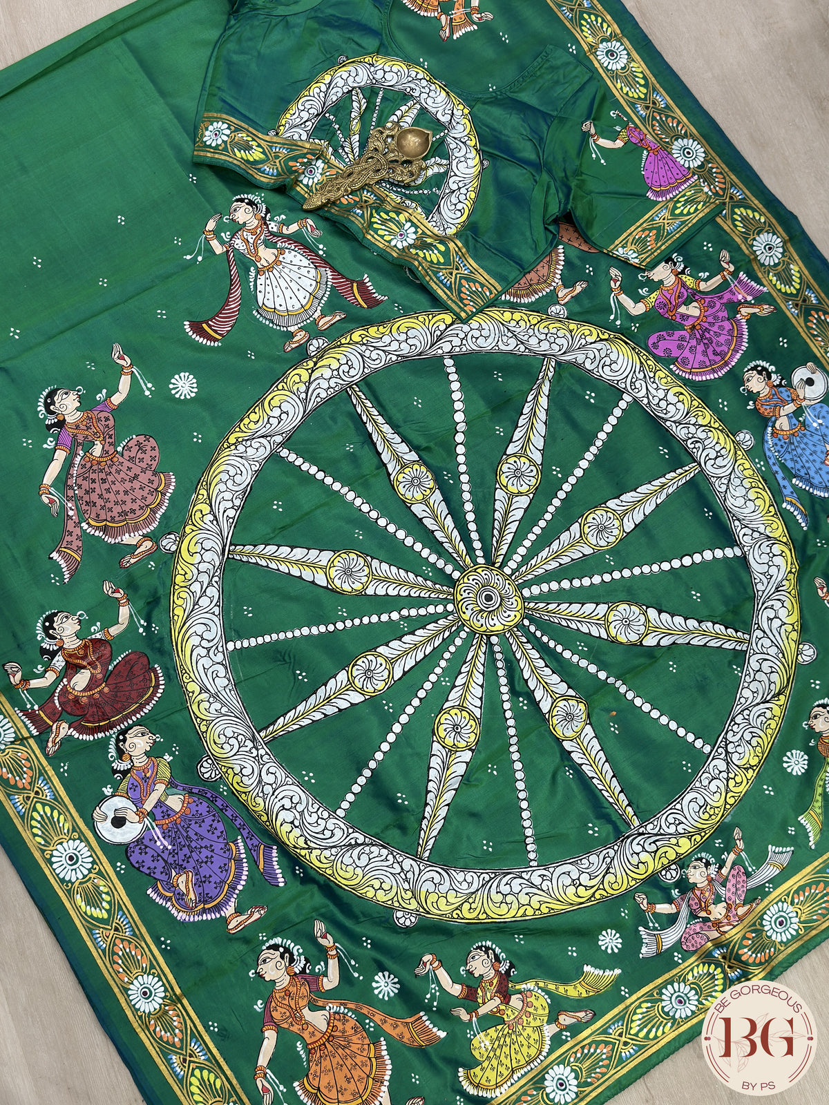 Pattachitra Pure silk handpainted saree - Bottle Green