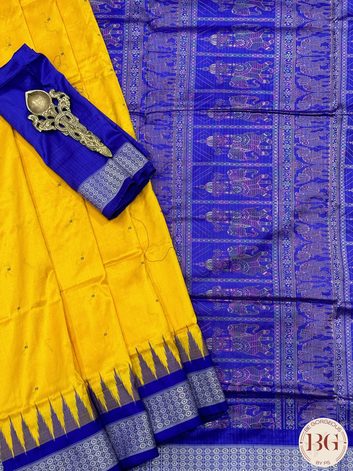 Bomkai Odisha pure silk handloom saree with dolls pallu - Yellow Blue