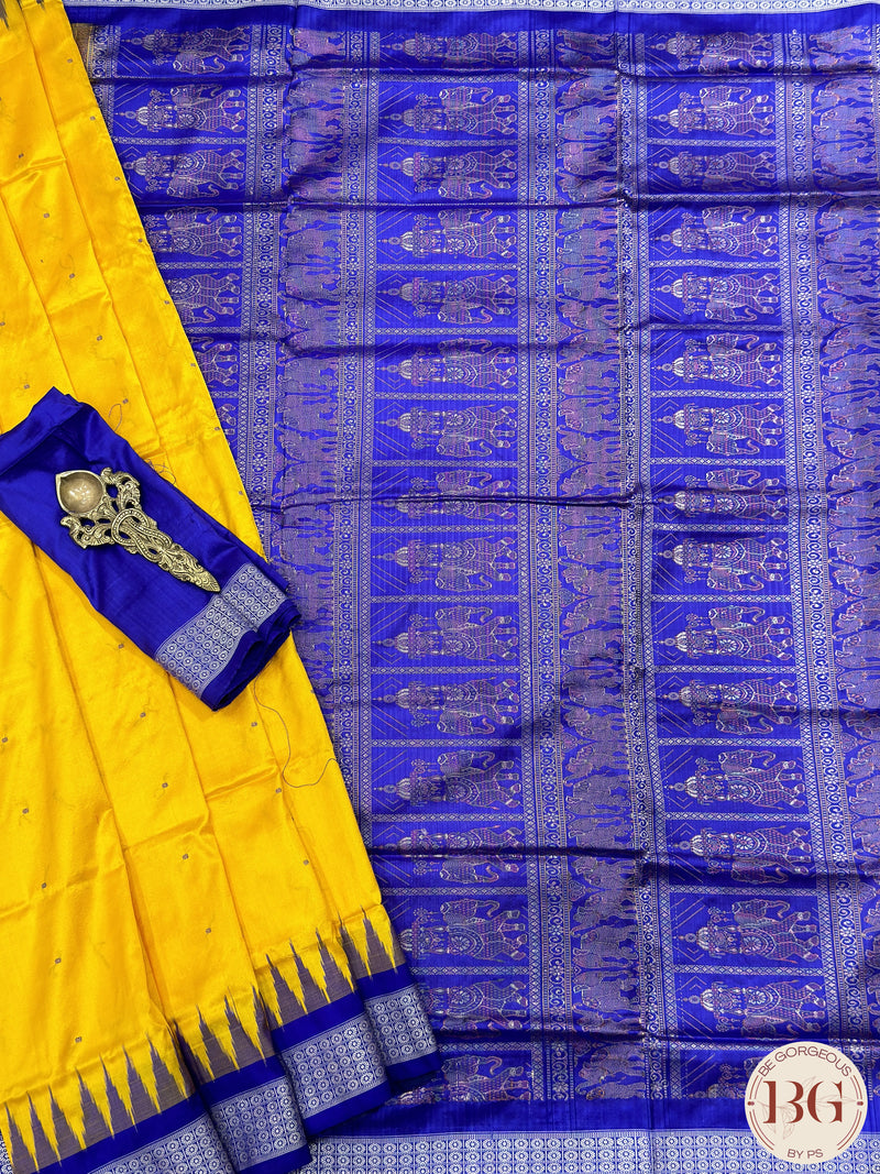 Bomkai Odisha pure silk handloom saree with dolls pallu - Yellow Blue