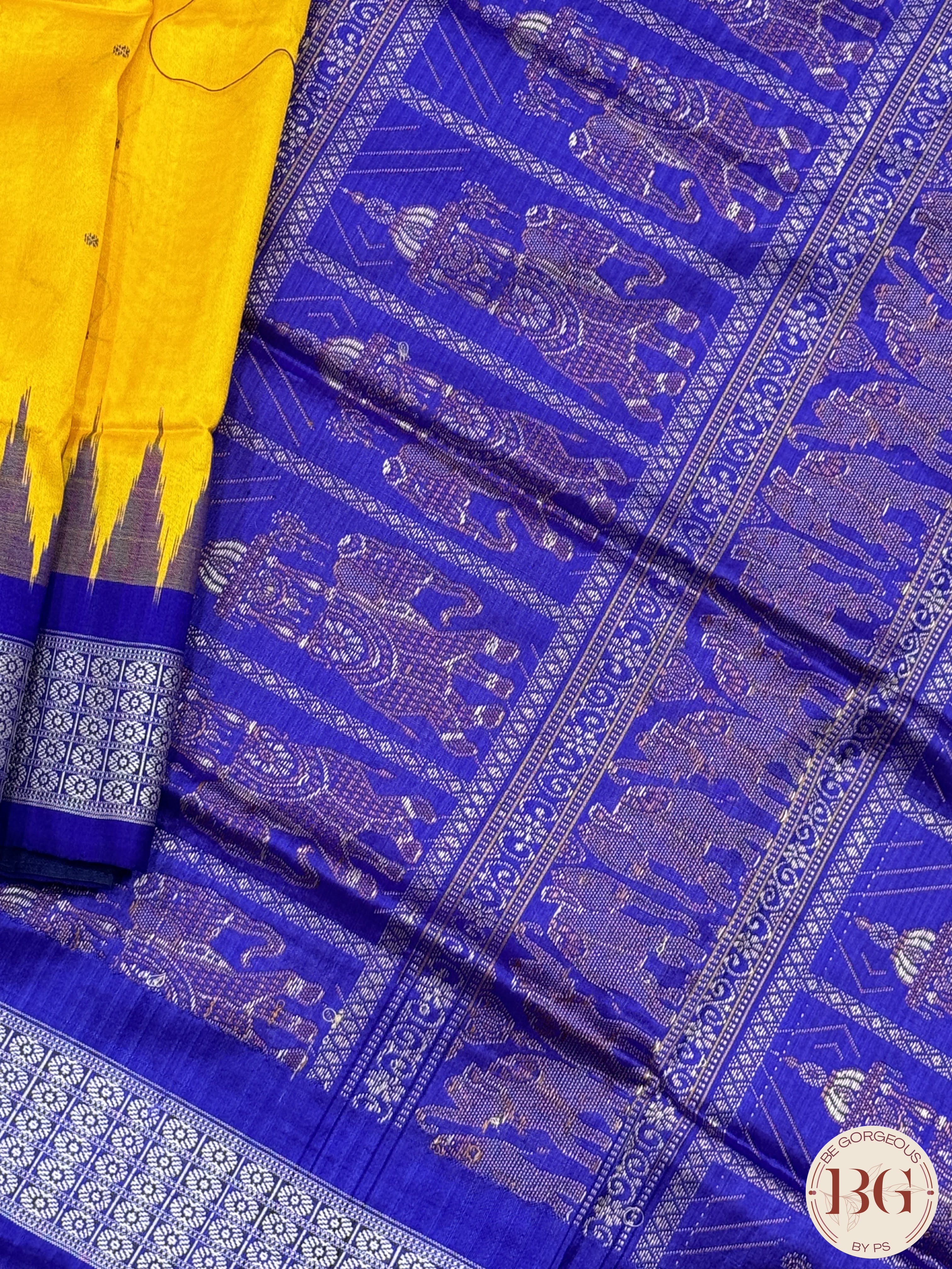 Bomkai Odisha pure silk handloom saree with dolls pallu - Yellow Blue