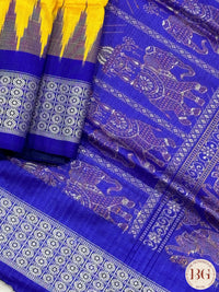 Bomkai Odisha pure silk handloom saree with dolls pallu - Yellow Blue