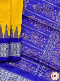 Bomkai Odisha pure silk handloom saree with dolls pallu - Yellow Blue