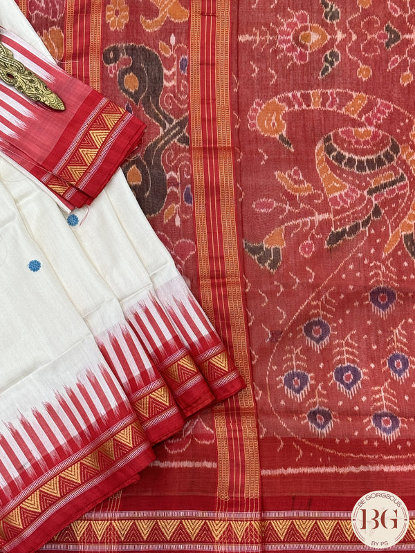 Khandua Silk Kathiphera designed pure silk handloom odisha saree - Off White Red