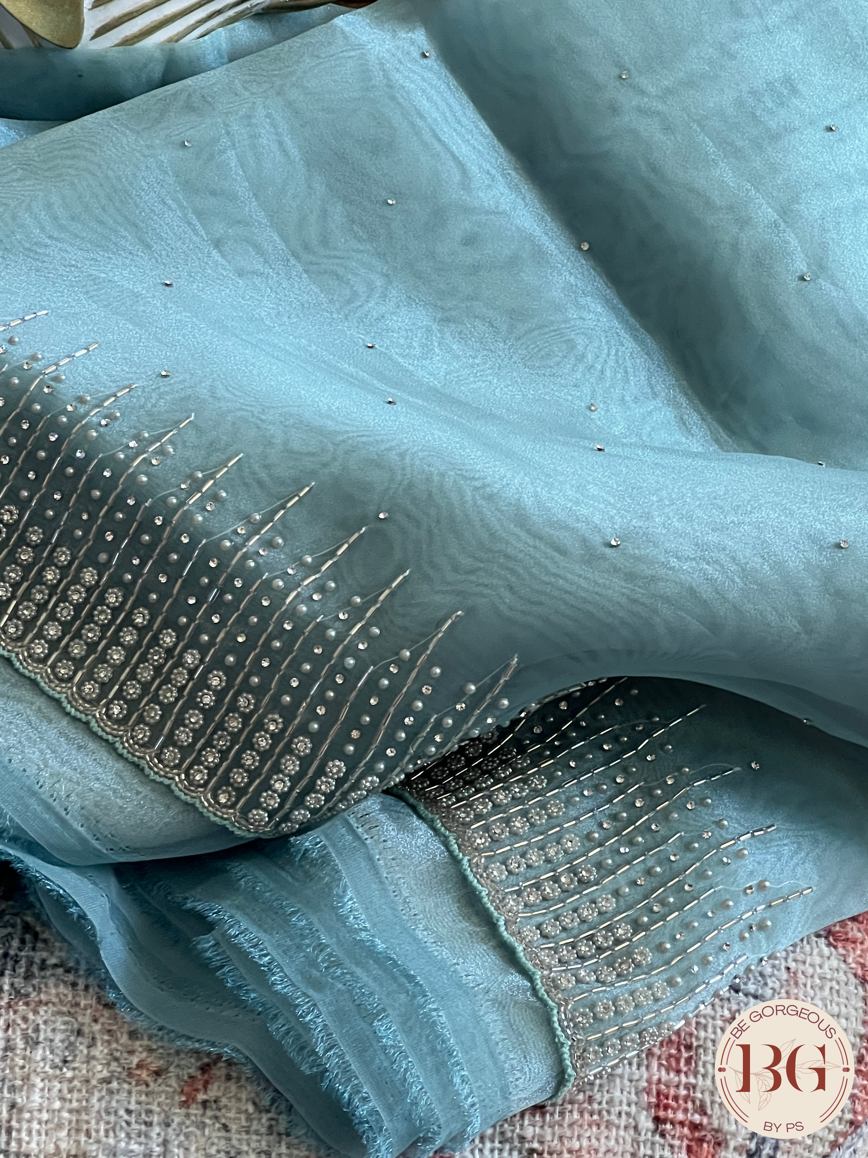 Organza Tissue saree with pearl sequence & embroidery in sea green/blue color