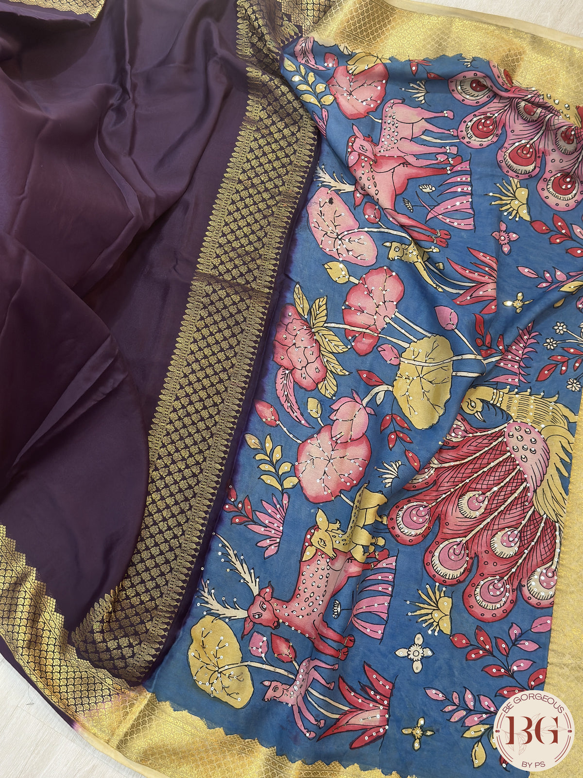 Mysore silk saree with handpainted kalamkari pallu - Purple