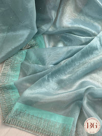 Organza Tissue saree with pearl sequence & embroidery in sea green/blue color