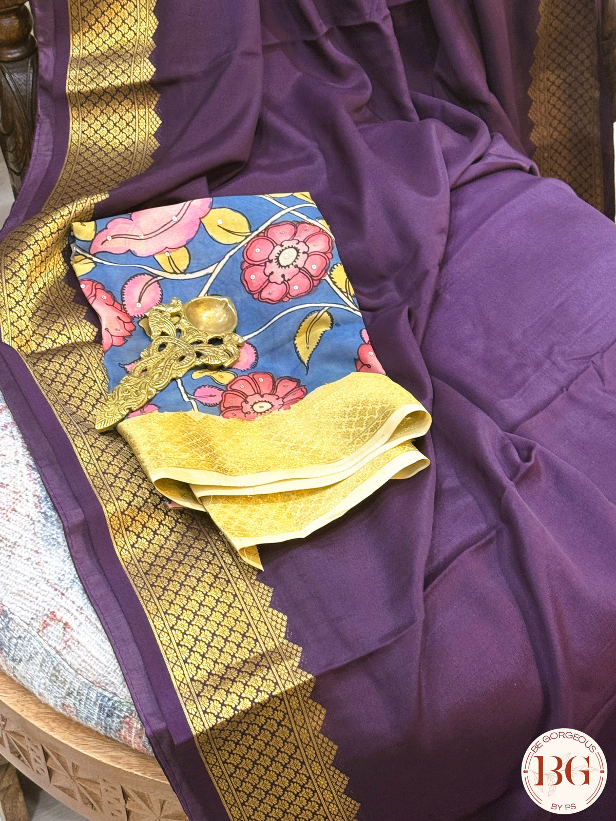 Mysore silk saree with handpainted kalamkari pallu - Purple