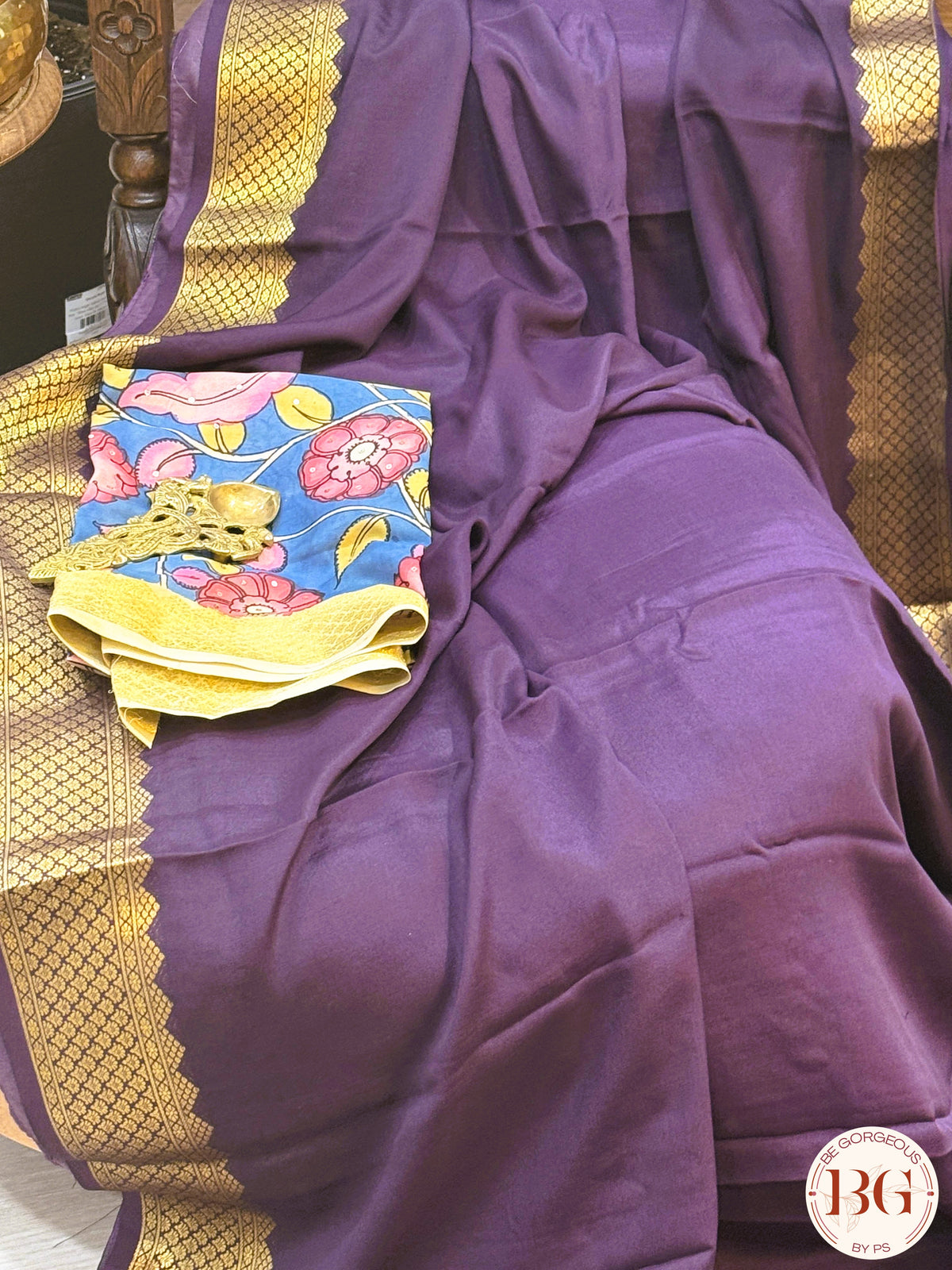 Mysore silk saree with handpainted kalamkari pallu - Purple