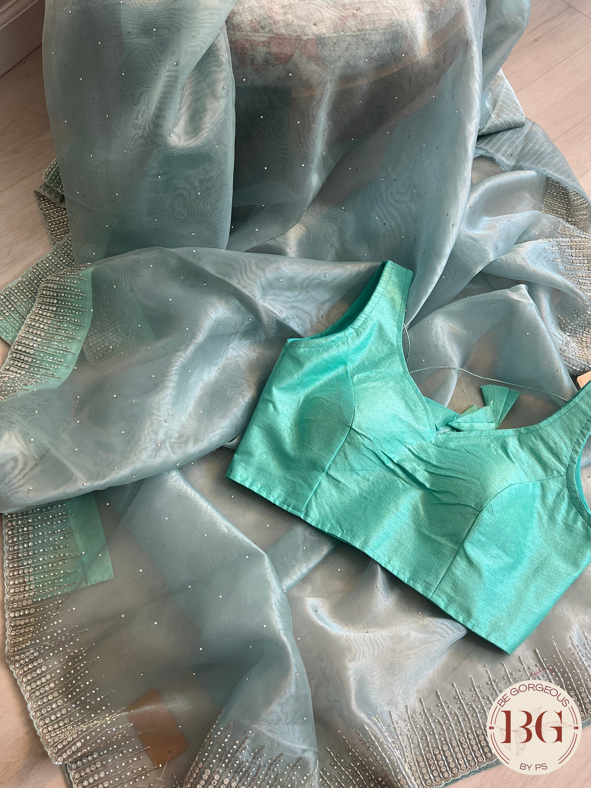 Organza Tissue saree with pearl sequence & embroidery in sea green/blue color