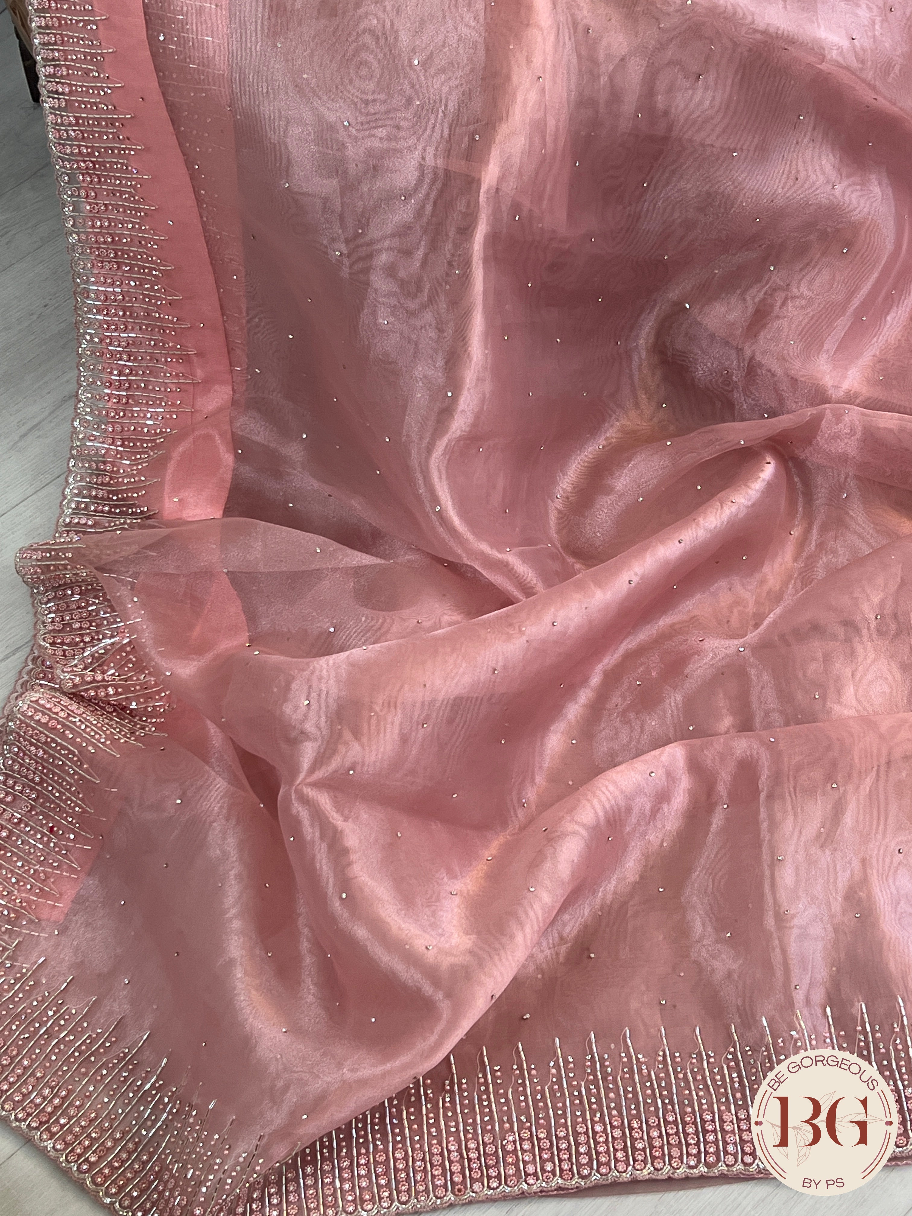 Organza Tissue saree with pearl sequence & embroidery in pink color