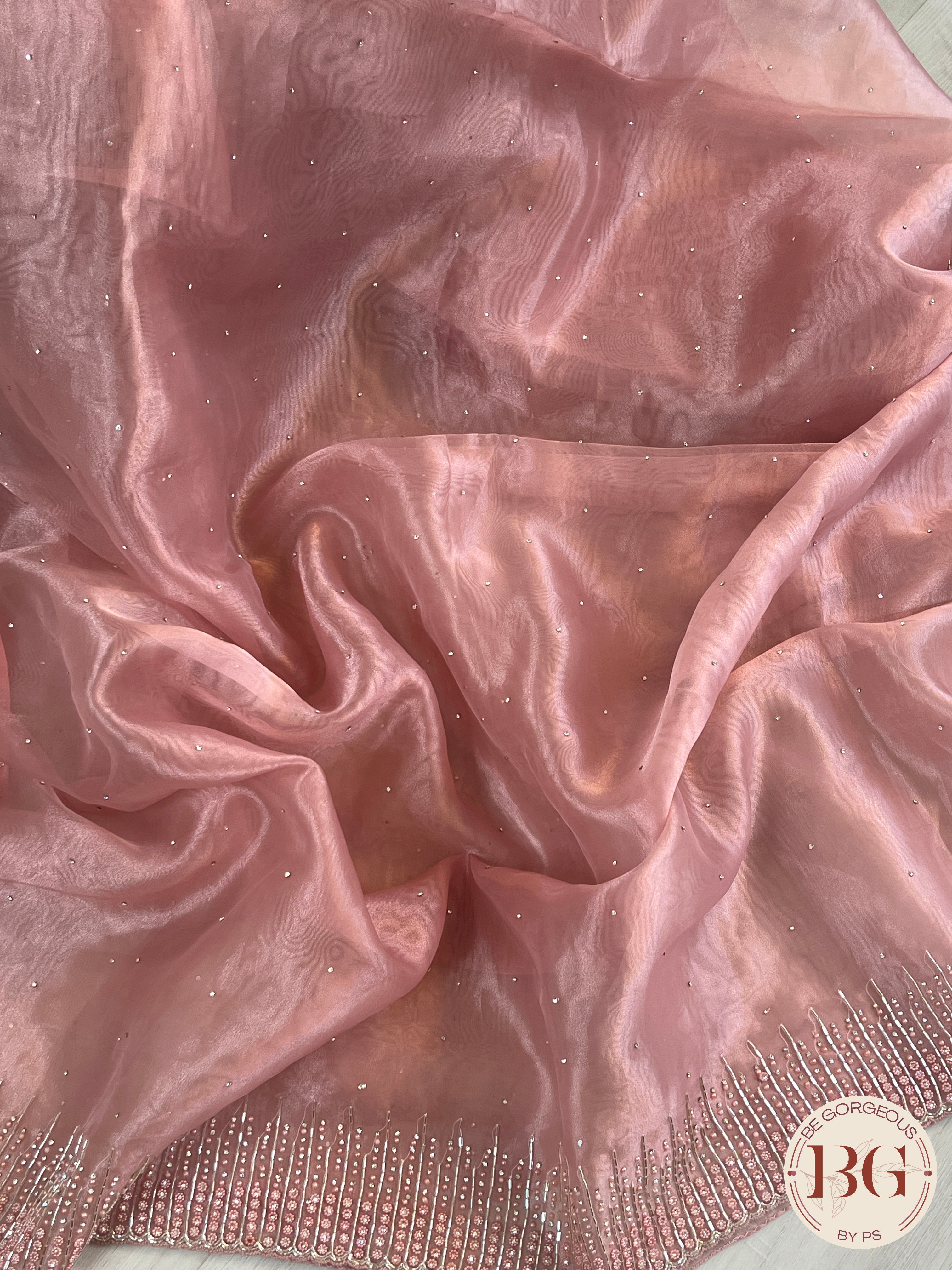 Organza Tissue saree with pearl sequence & embroidery in pink color