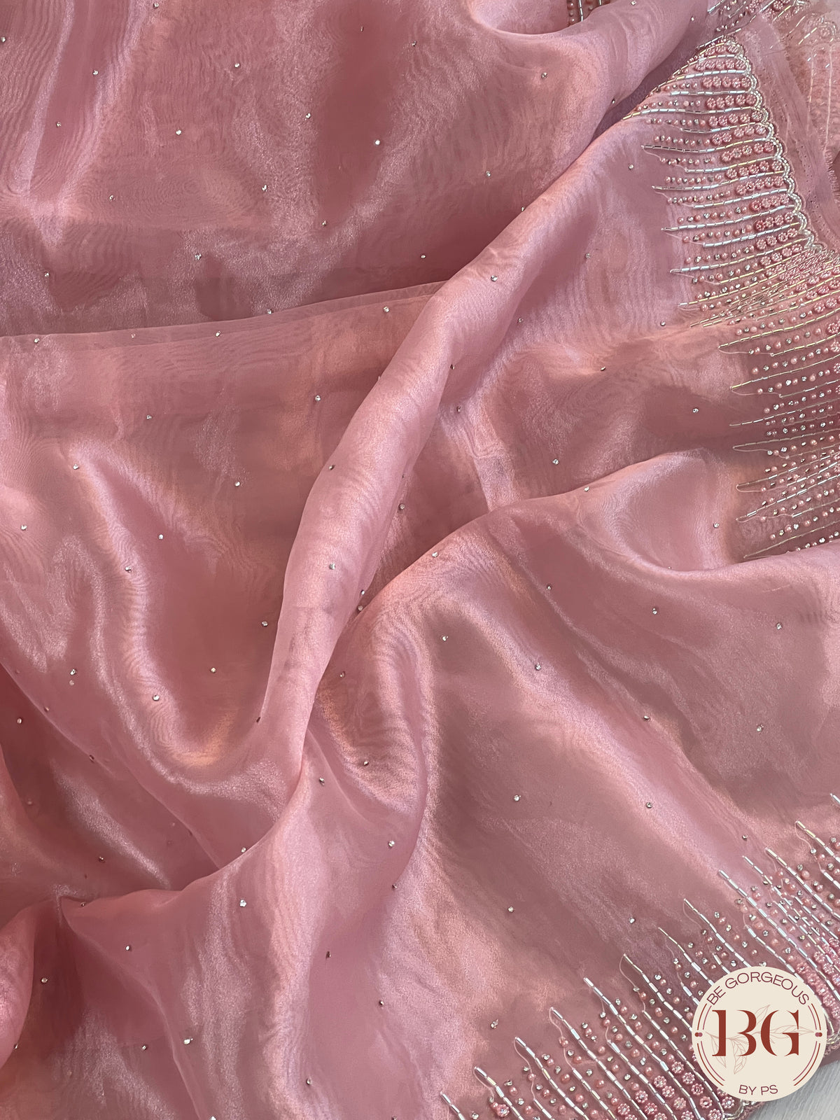 Organza Tissue saree with pearl sequence & embroidery in pink color