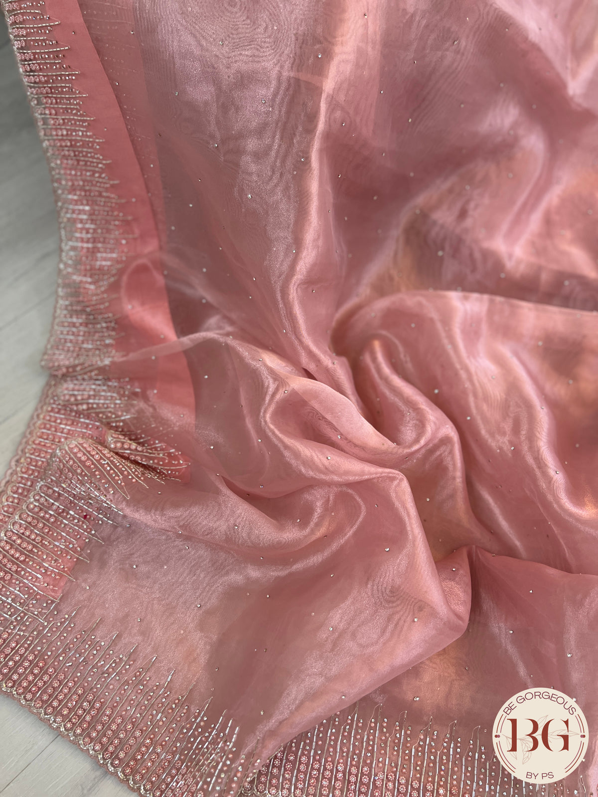 Organza Tissue saree with pearl sequence & embroidery in pink color