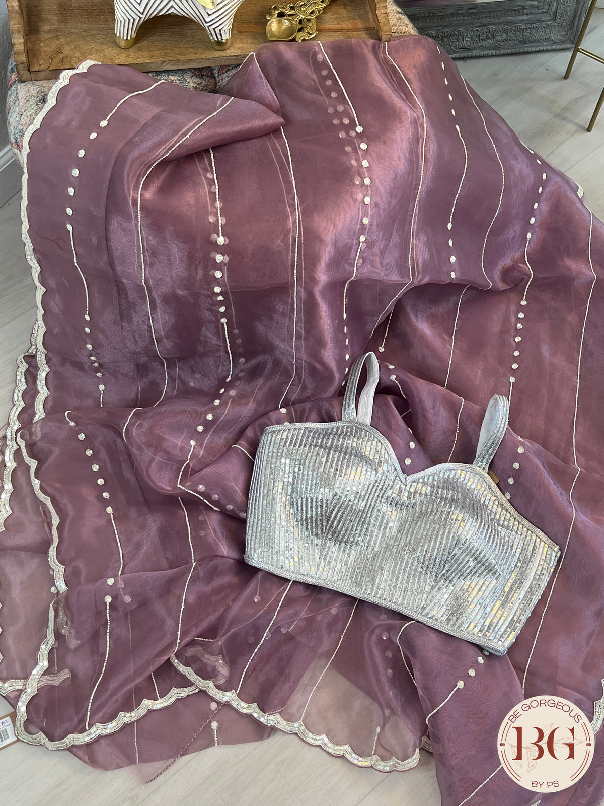 Organza Tissue with pearl sequence & embroidery in gorgeous lavender color