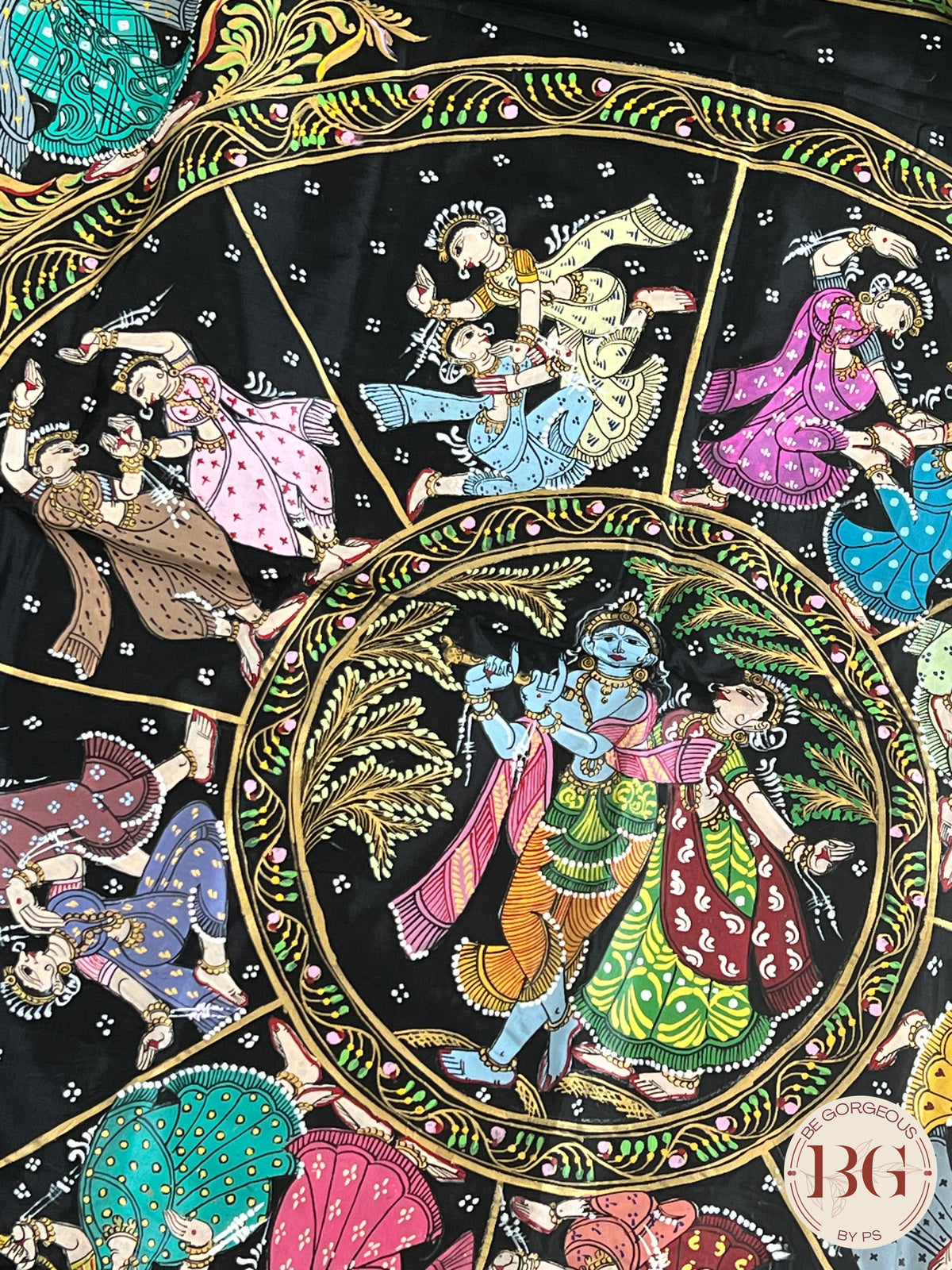 Pattachitra on Silk with Krishna dancing - Black