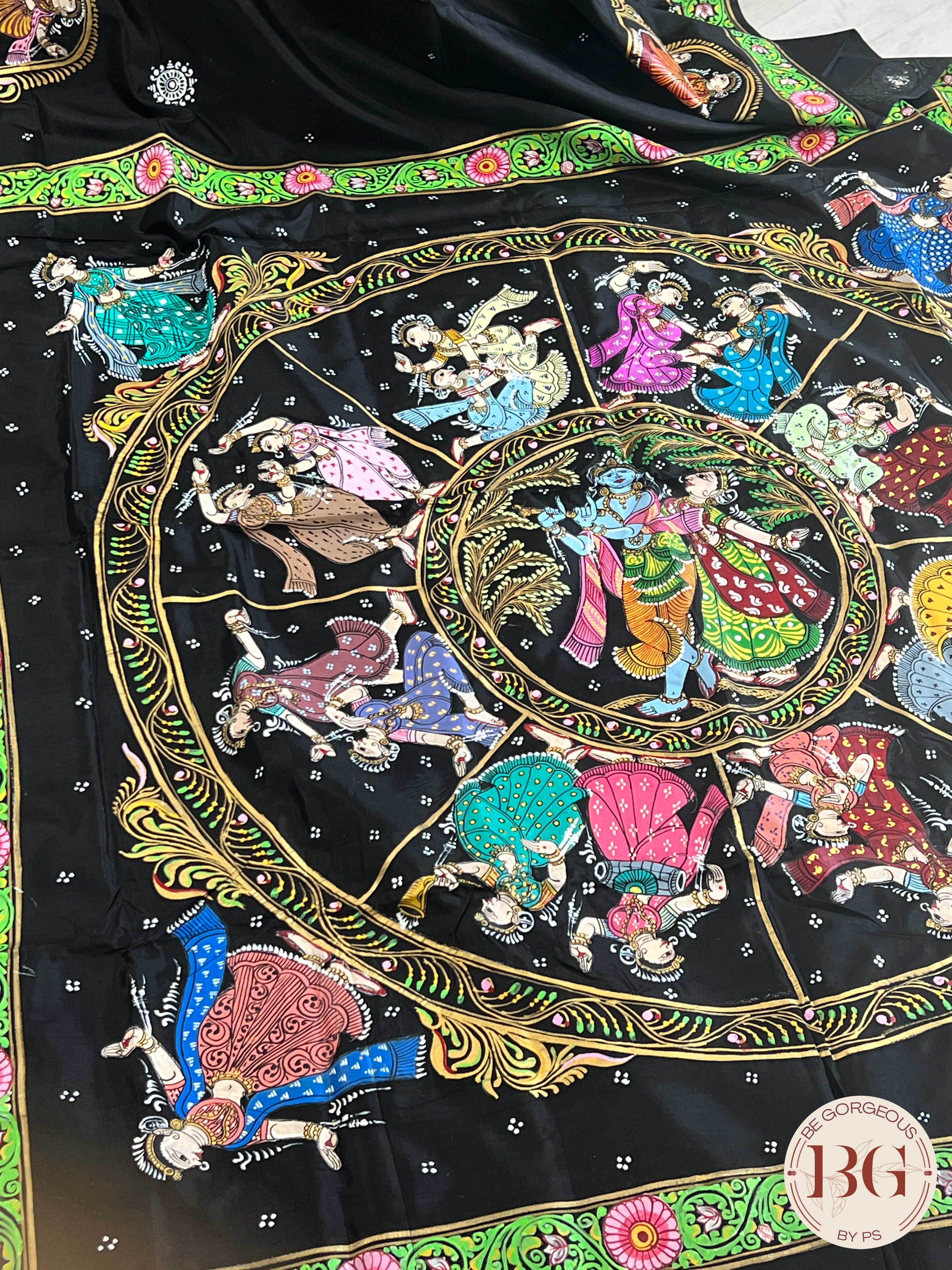 Pattachitra on Silk with Krishna dancing - Black