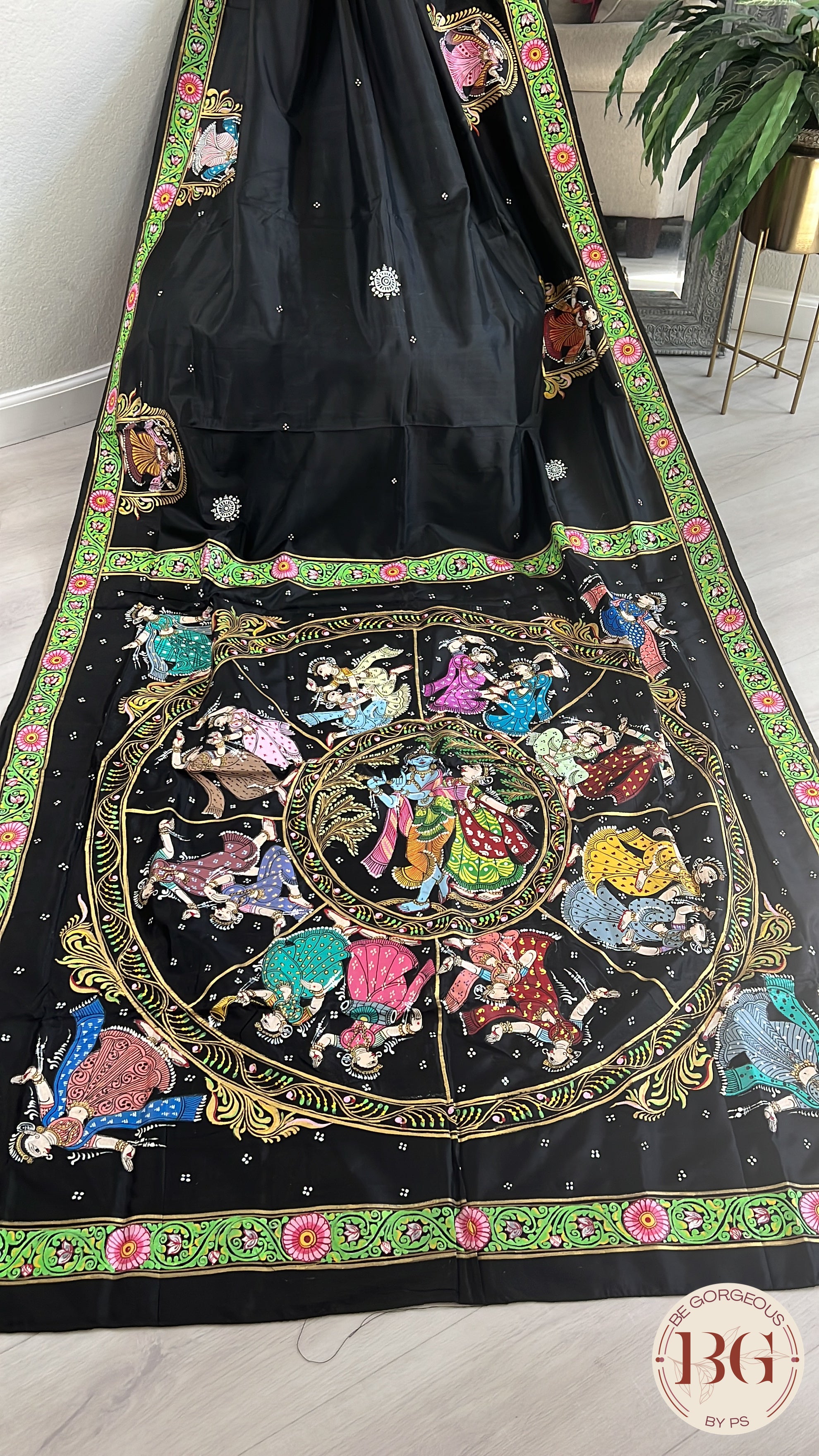 Pattachitra on Silk with Krishna dancing - Black