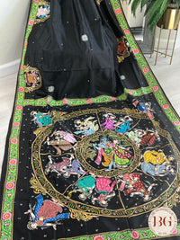 Pattachitra on Silk with Krishna dancing - Black