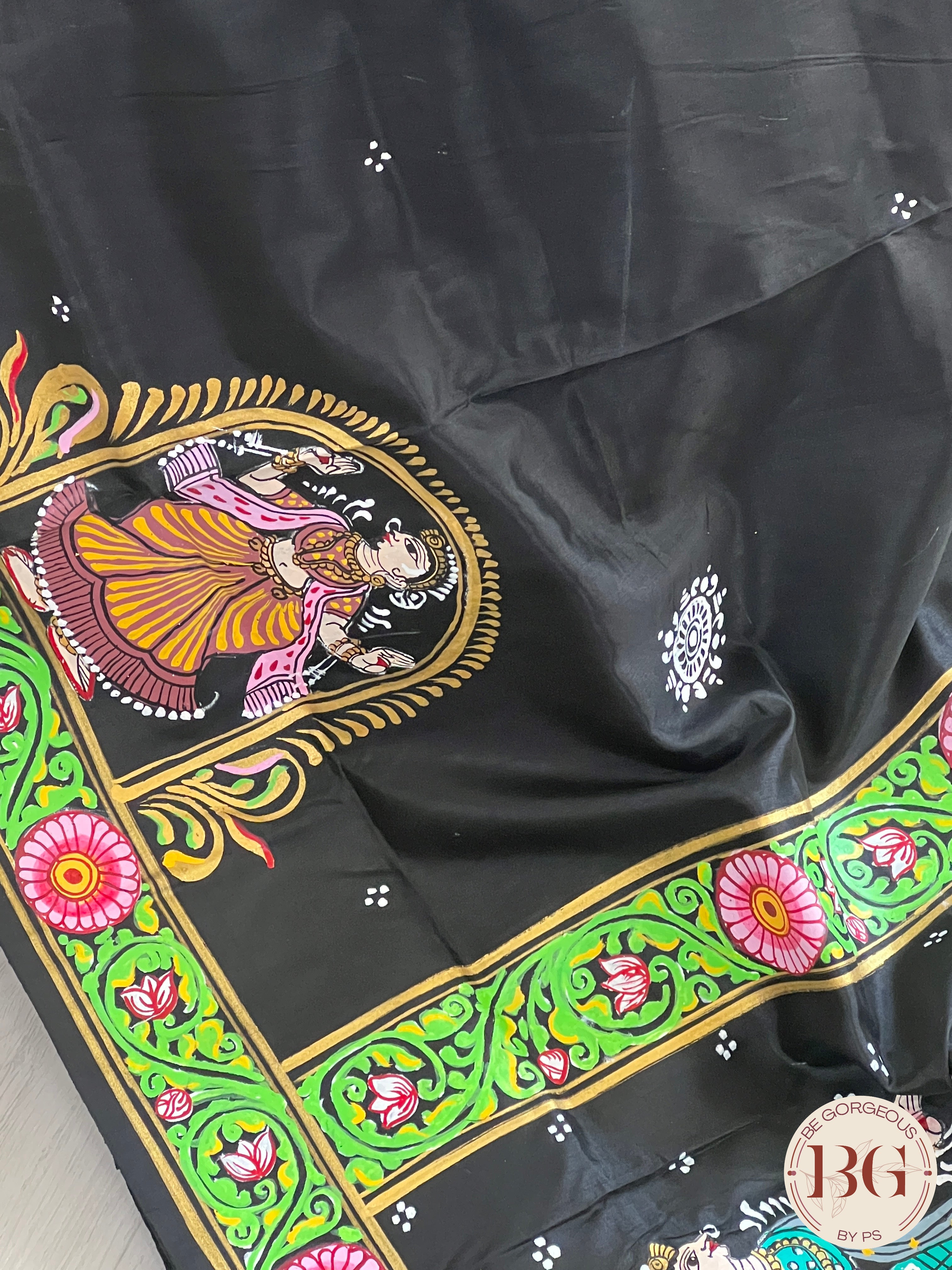 Pattachitra on Silk with Krishna dancing - Black