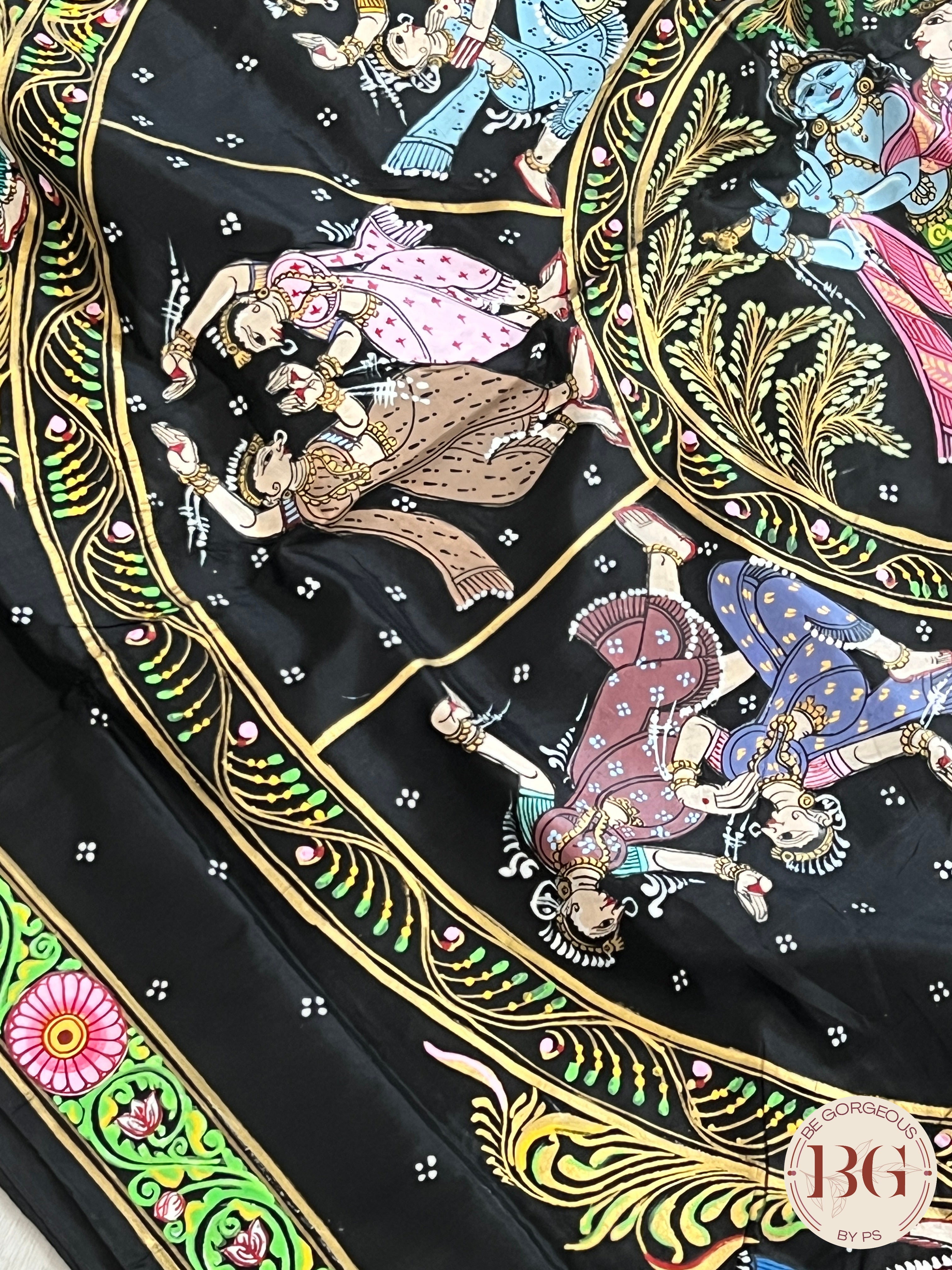 Pattachitra on Silk with Krishna dancing - Black