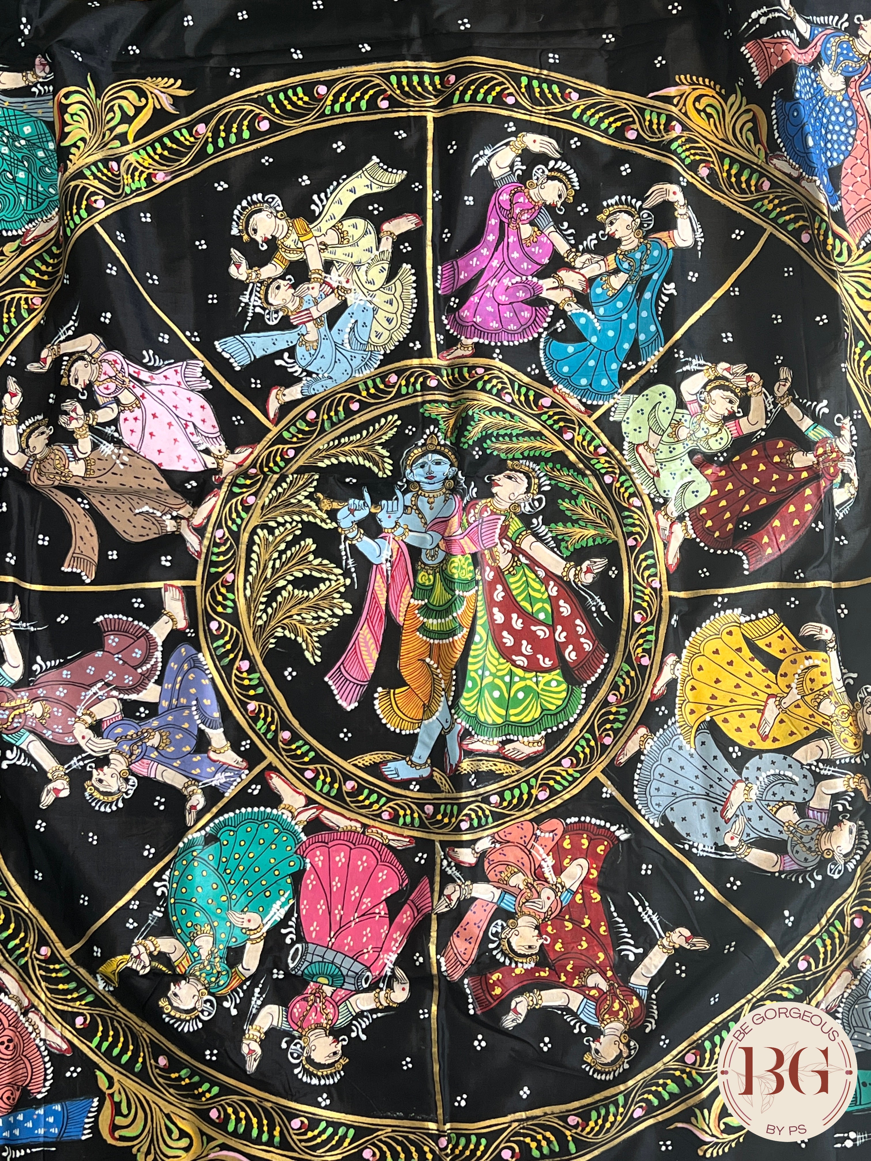 Pattachitra on Silk with Krishna dancing - Black