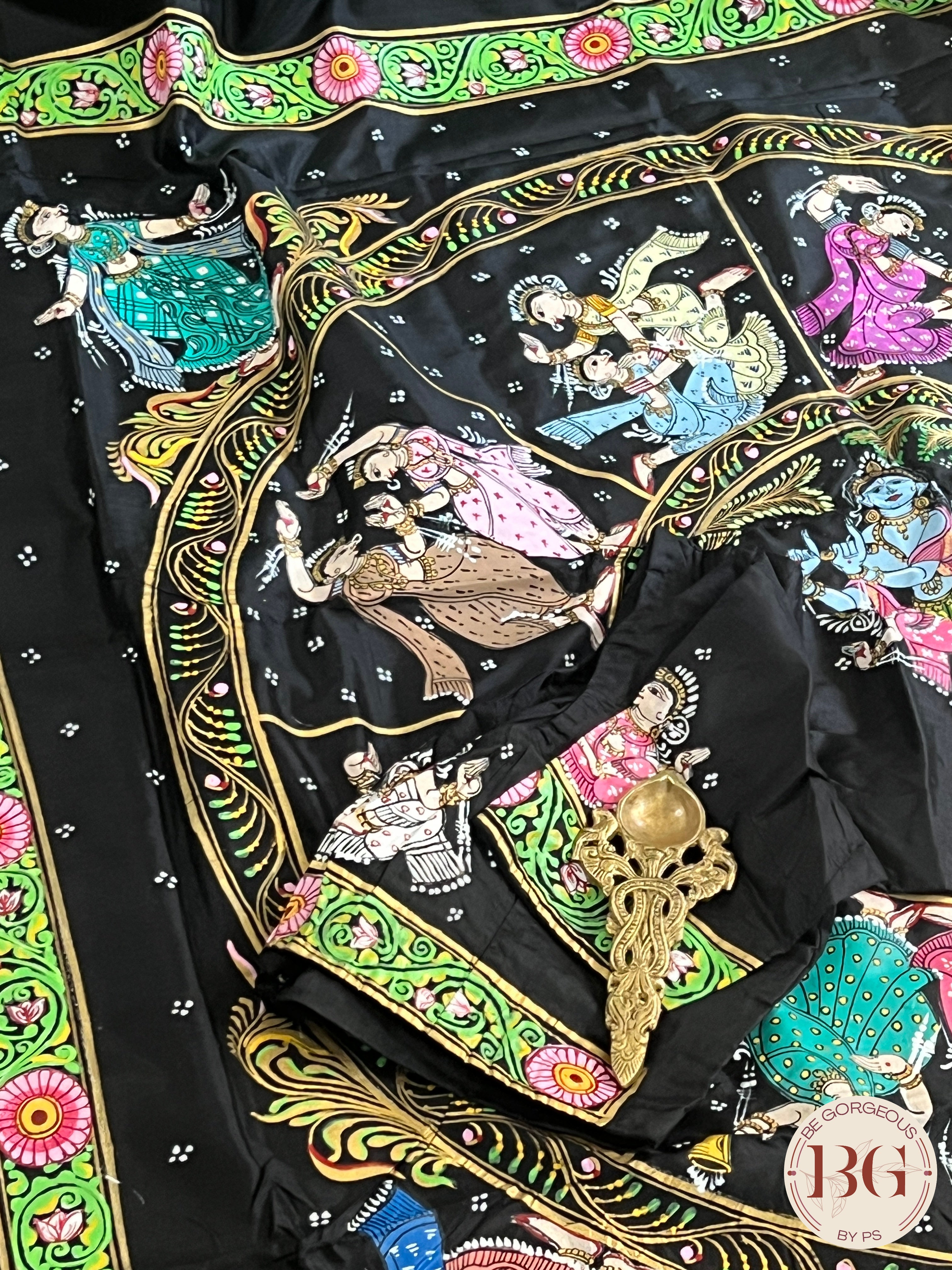 Pattachitra on Silk with Krishna dancing - Black