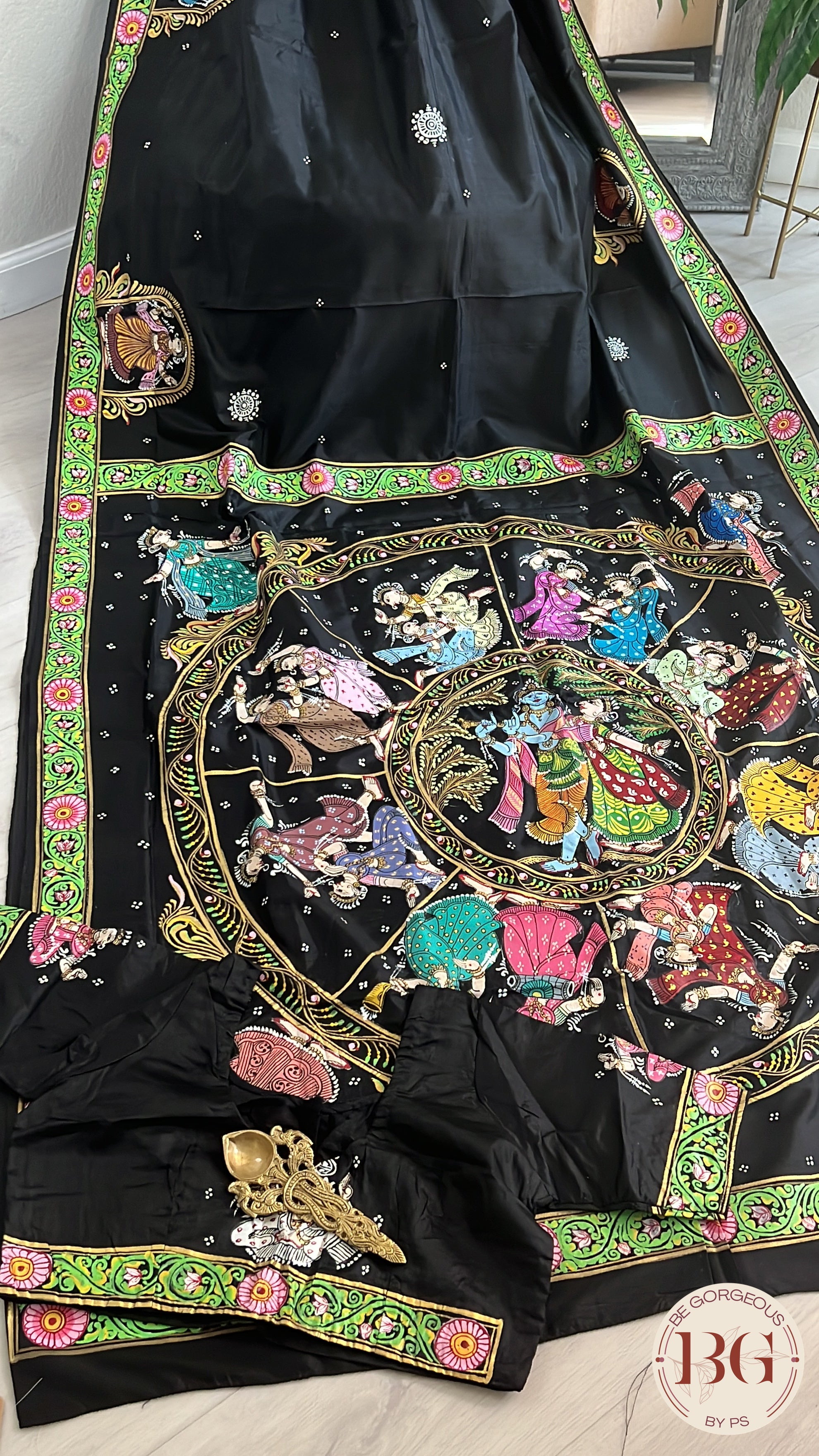 Pattachitra on Silk with Krishna dancing - Black