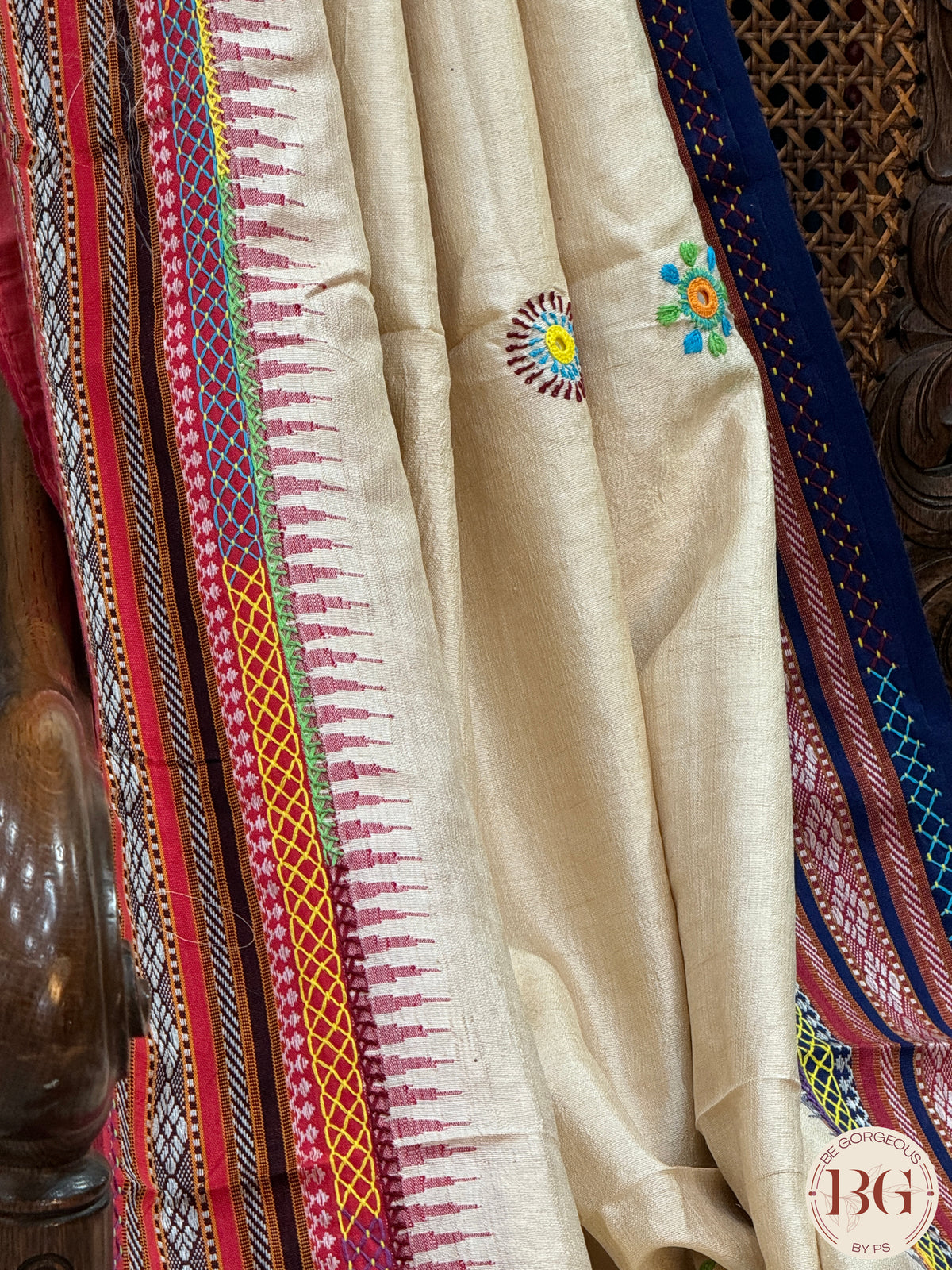 Lambani hand embroidery with mirror detailing on vidharba tussar - Beige