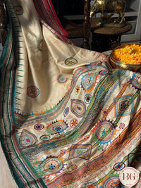 Lambani hand embroidery with mirror detailing on vidharba tussar - Beige