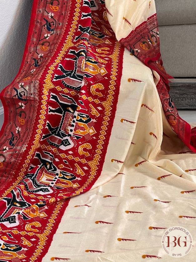 Soft silk saree with patola borders and paithani pallu saree color - off white
