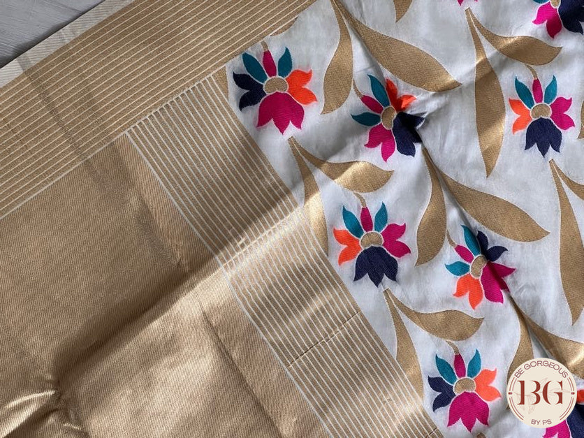 Silk with gold zari border and pallu - Flowers saree color - cream